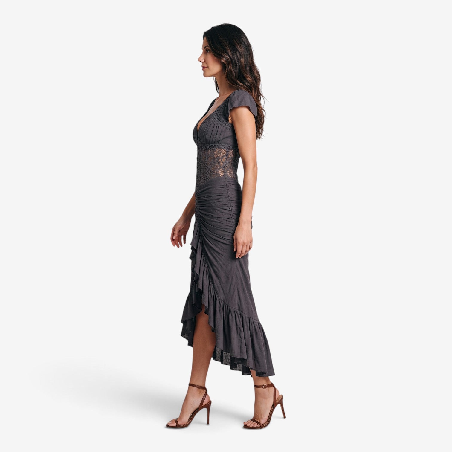 Vestido Largo Drapeado con Encaje para Mujer