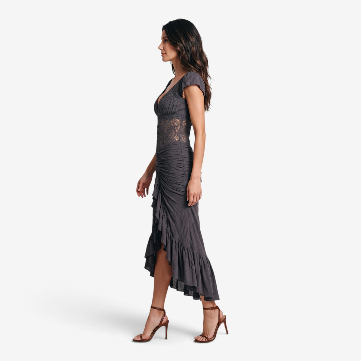 Vestido Largo Drapeado con Encaje para Mujer