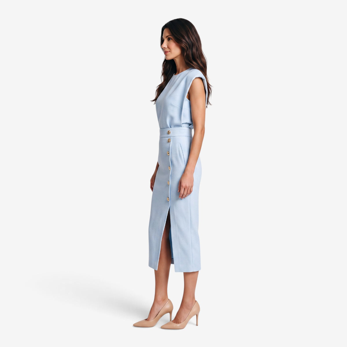 Vestido Midi con Botones Dorados para Mujer