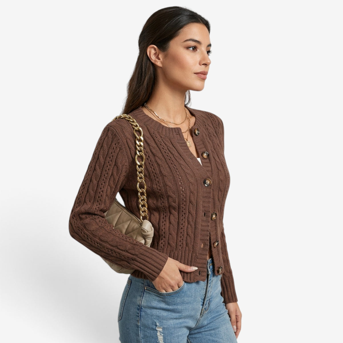 Cárdigan de Punto Trenzado con Botones para Mujer