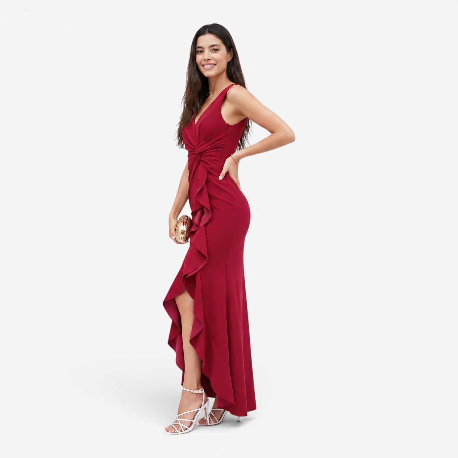 Vestido Largo con Escote en V y Abertura Lateral