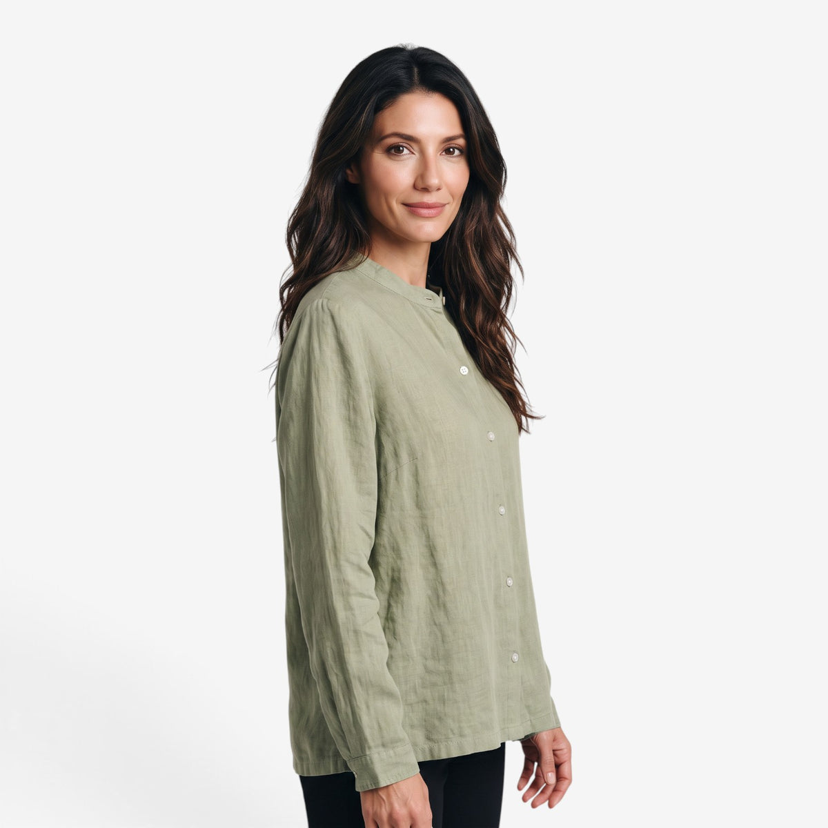 Blusa de Lino y Algodón con Cuello Mao para Mujer