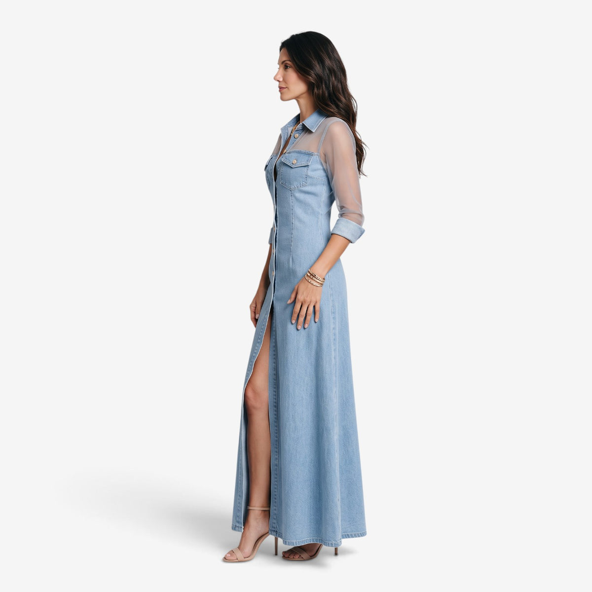 Vestido Vaquero Largo con Mangas Transparentes para Mujer