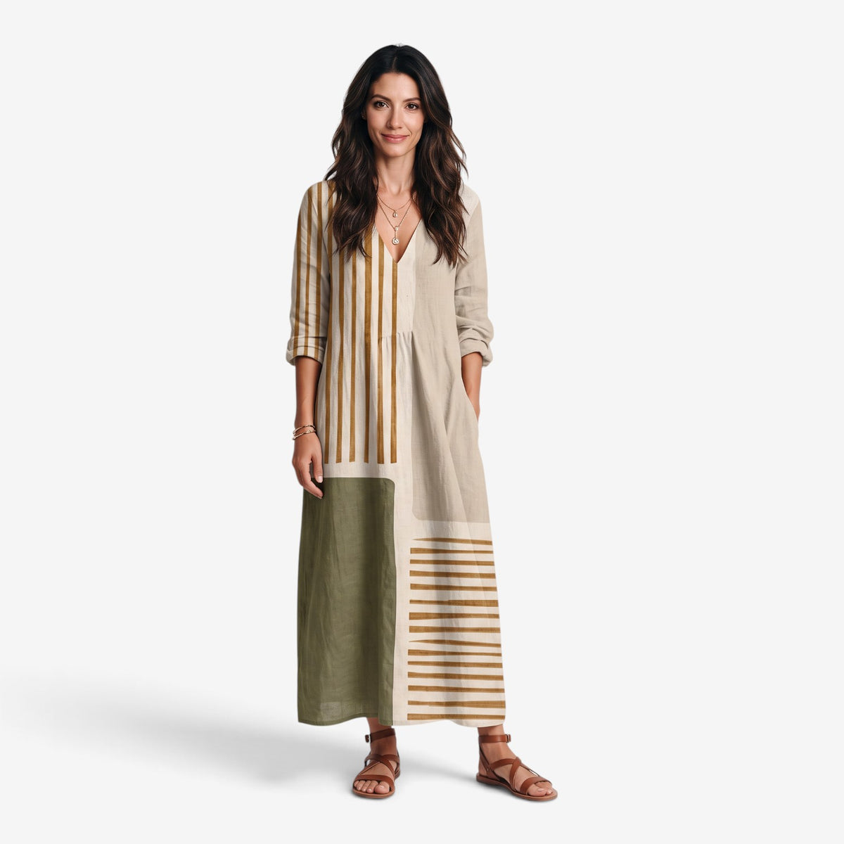 Vestido Largo de Lino con Rayas para Mujer