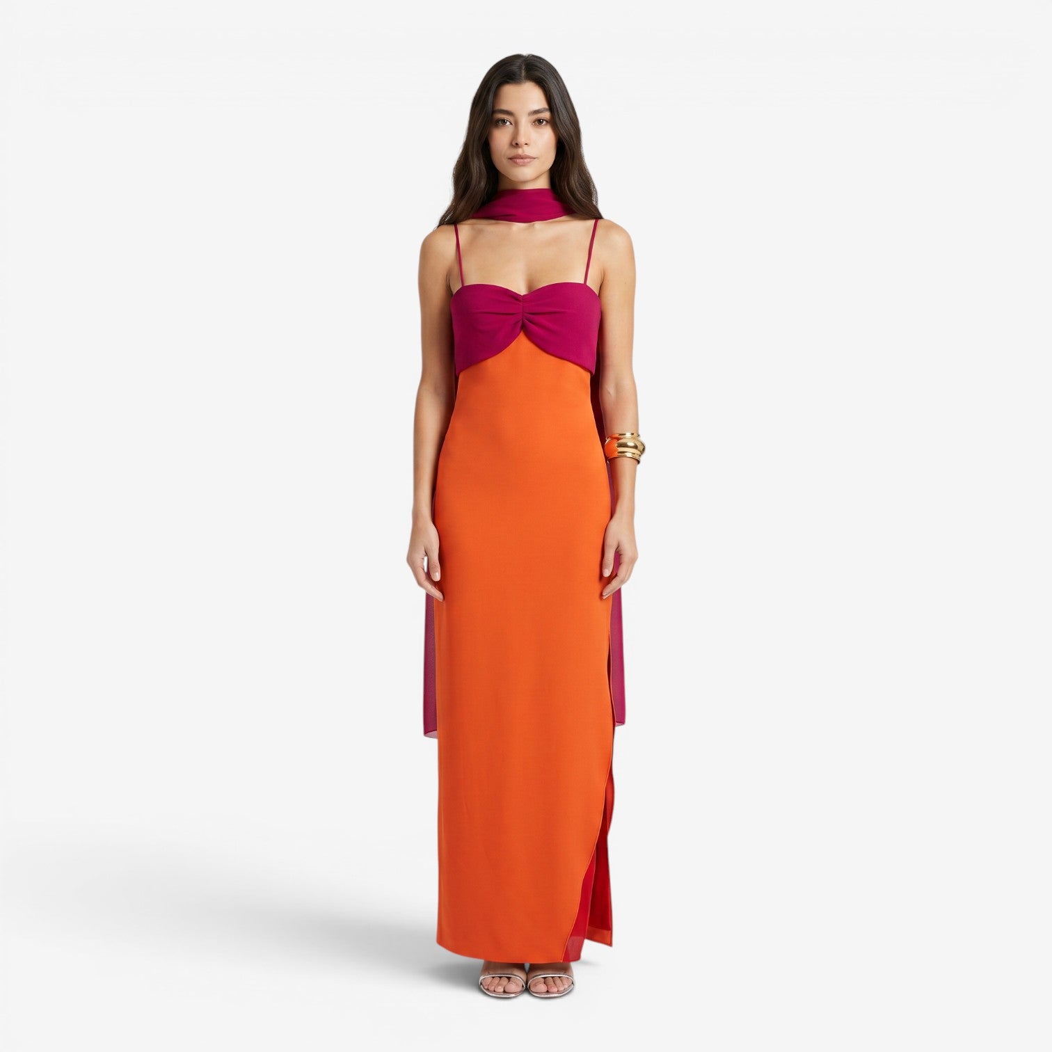 Vestido Largo de Tirantes con Cuello Pañuelo
