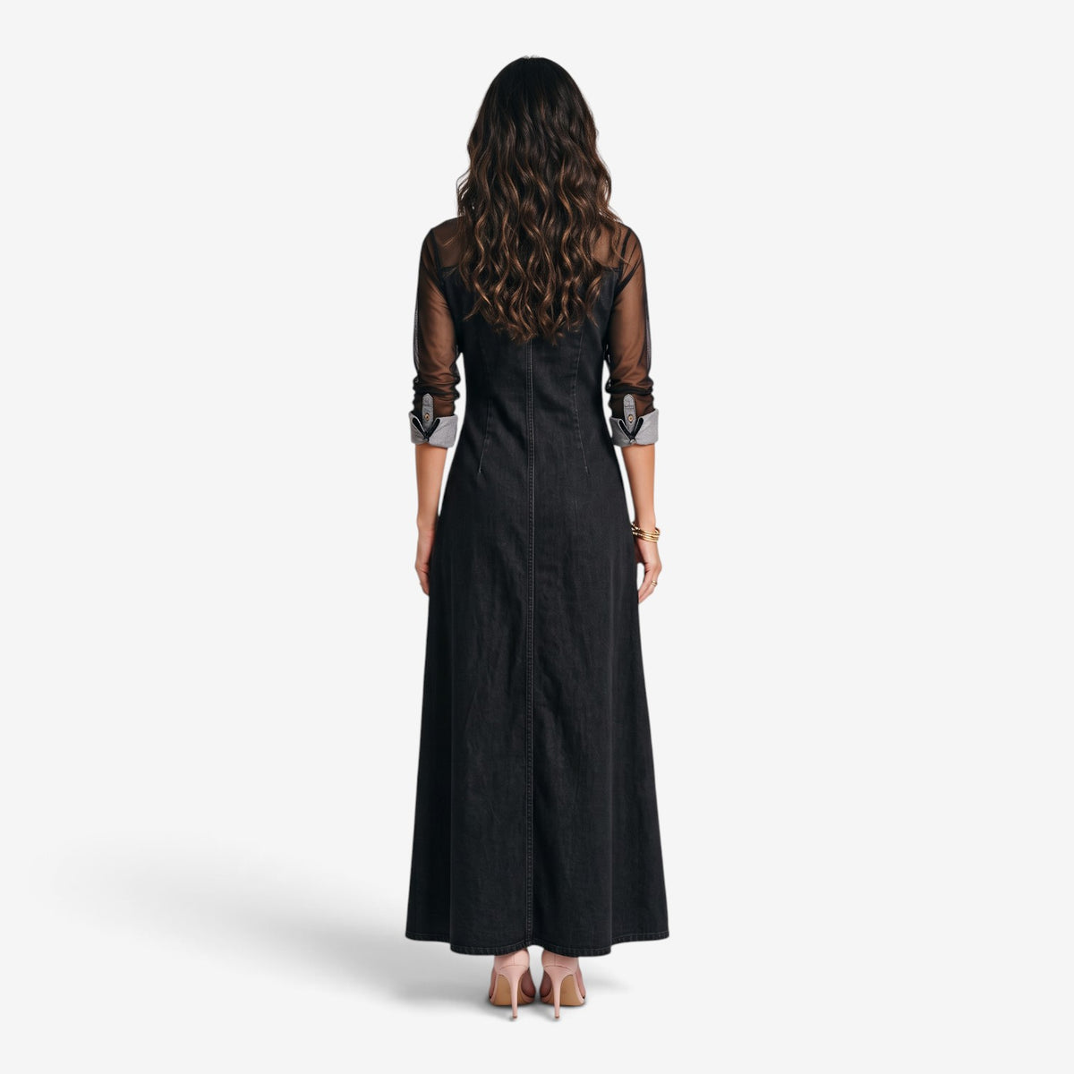 Vestido Vaquero Largo con Mangas Transparentes para Mujer