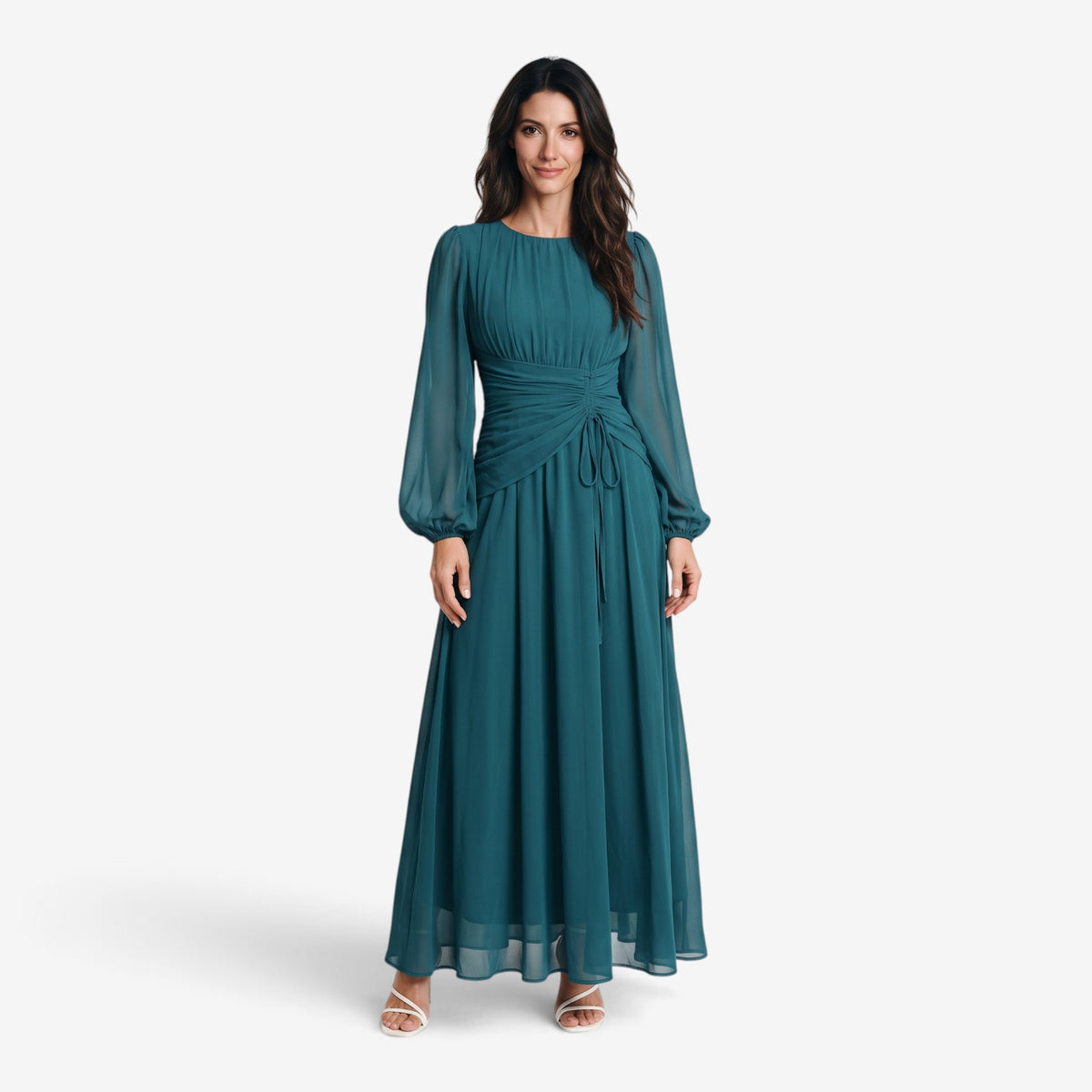 Vestido Largo Drapeado de Manga Larga para Mujer