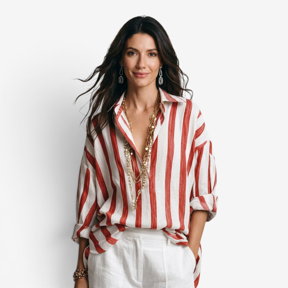 Blusa de Rayas con Cuello Camisero para Mujer