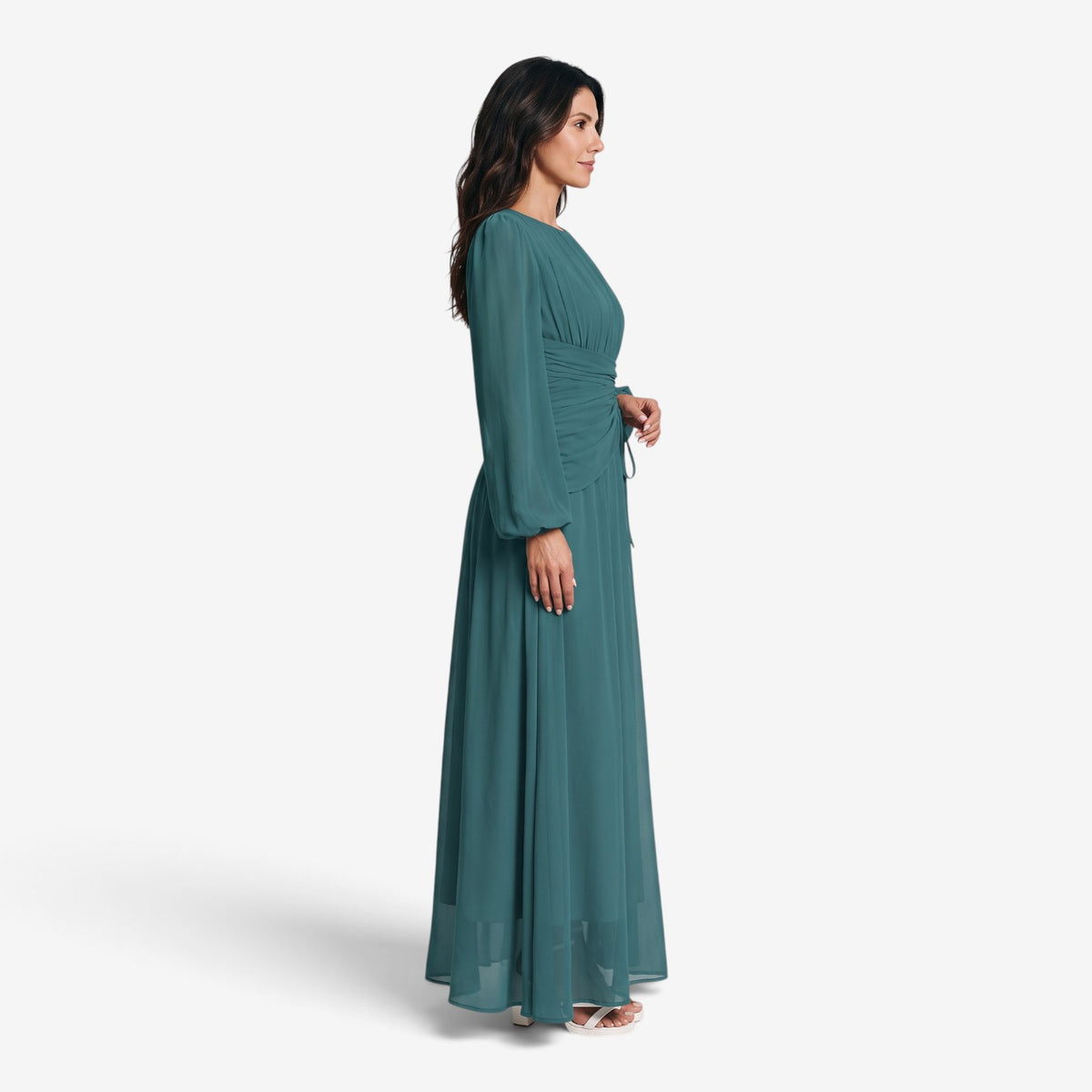 Vestido Largo Drapeado de Manga Larga para Mujer