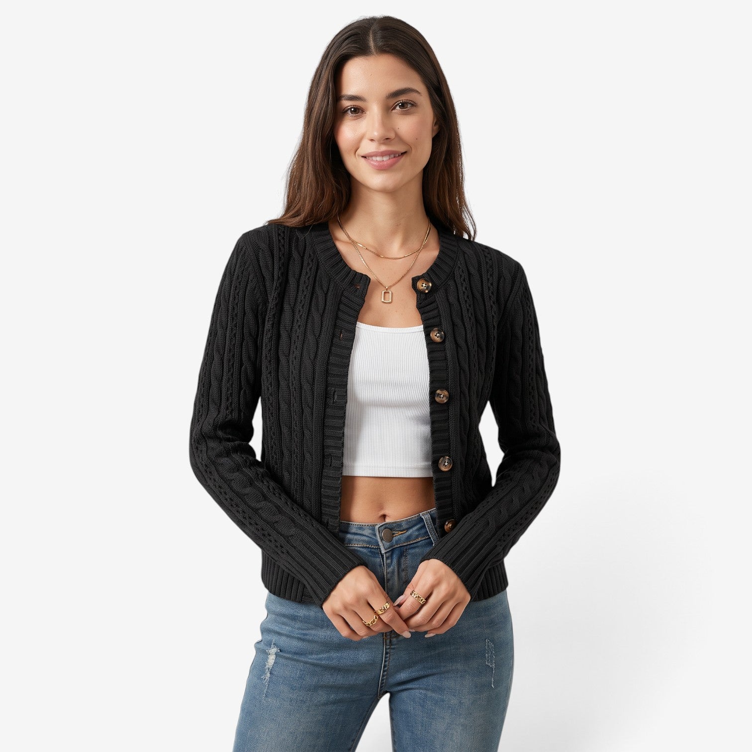 Cárdigan de Punto Trenzado con Botones para Mujer