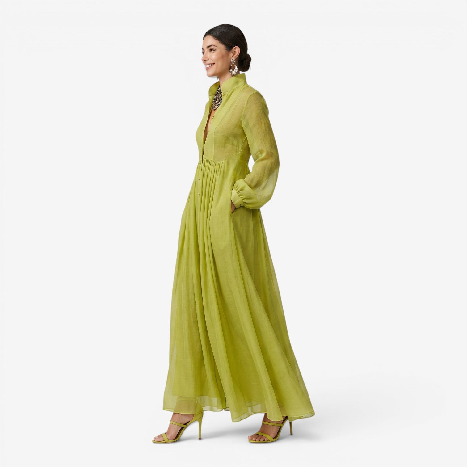 Vestido Plisado de Manga Larga Estilo Francés