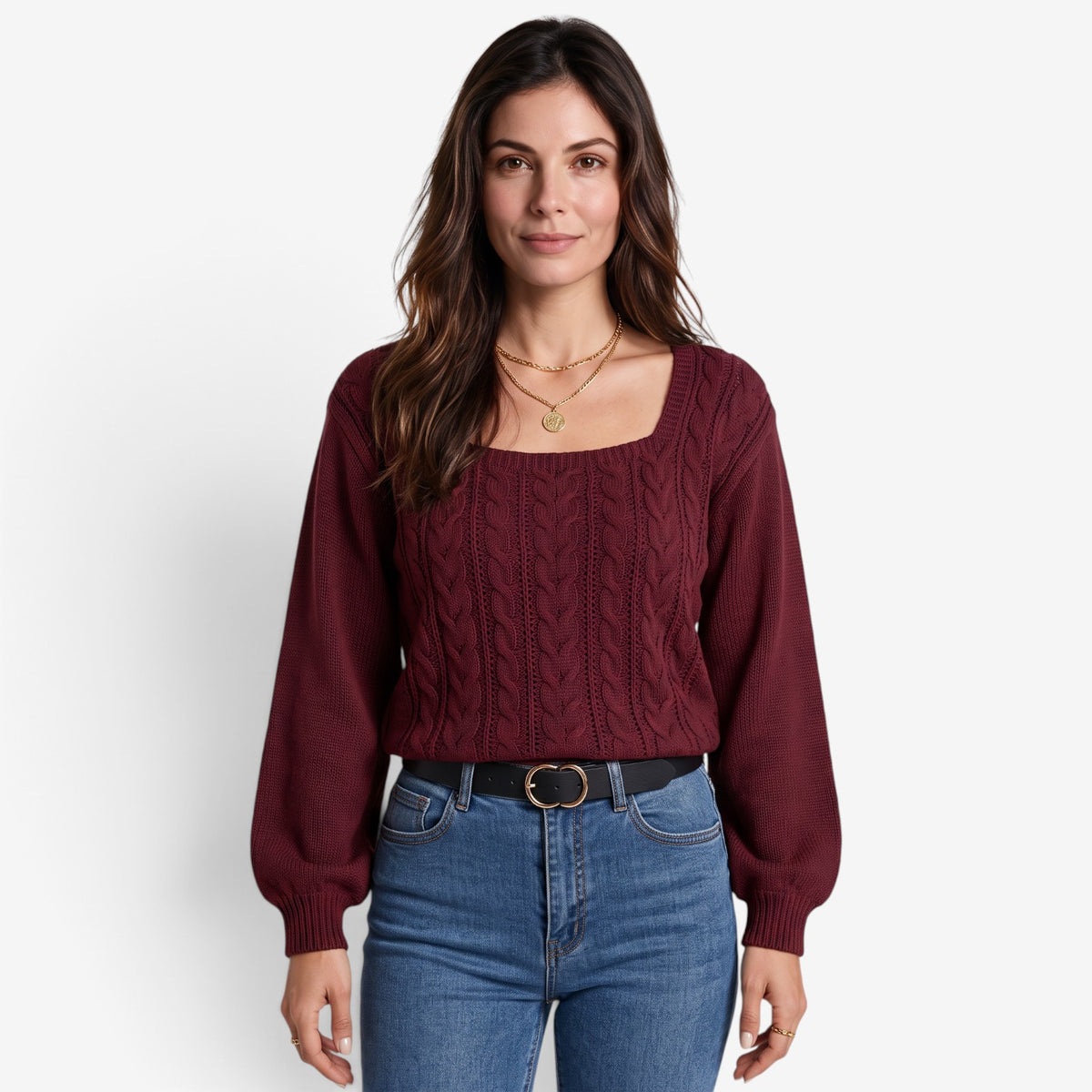 Jersey de Punto Trenzado con Escote Cuadrado para Mujer