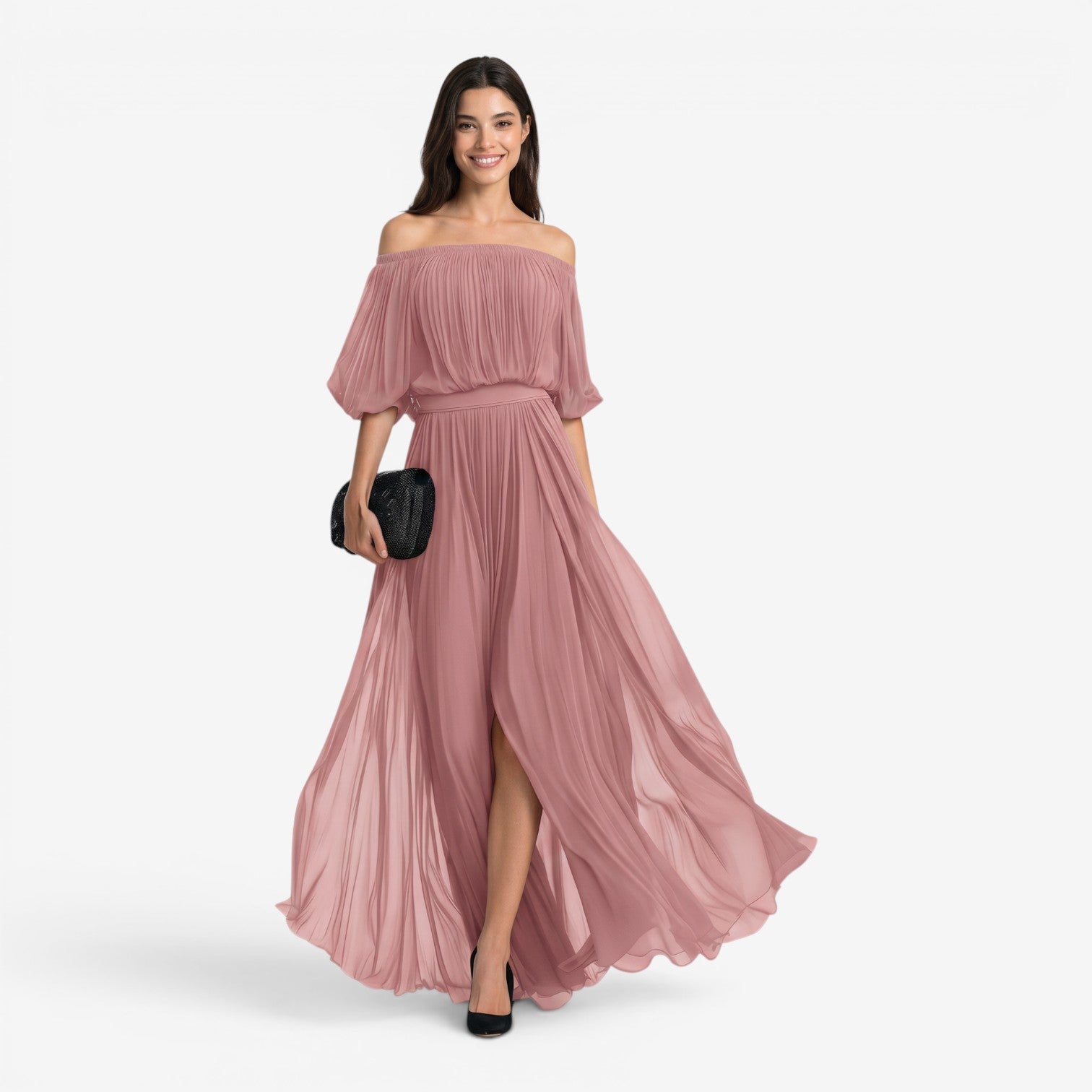 Vestido Maxi de Gasa con Hombros Descubiertos