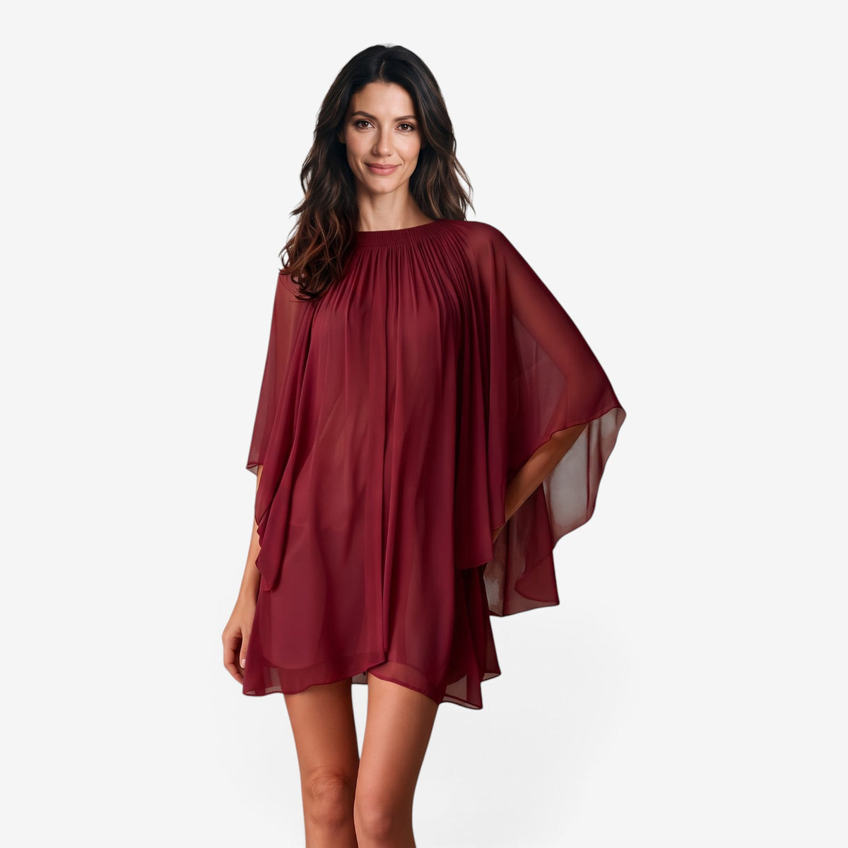 Vestido Corto Fluido con Mangas Murciélago para Mujer