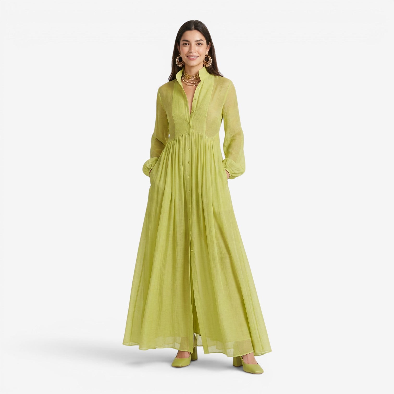 Vestido Plisado de Manga Larga Estilo Francés