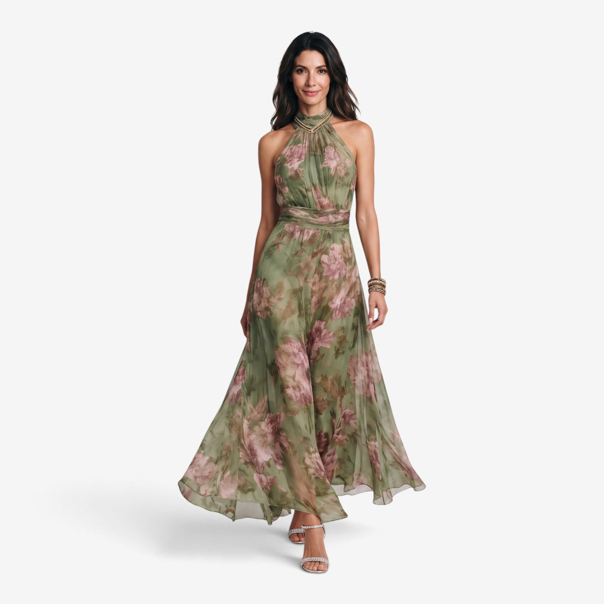 Vestido Halter Largo con Estampado Floral para Mujer