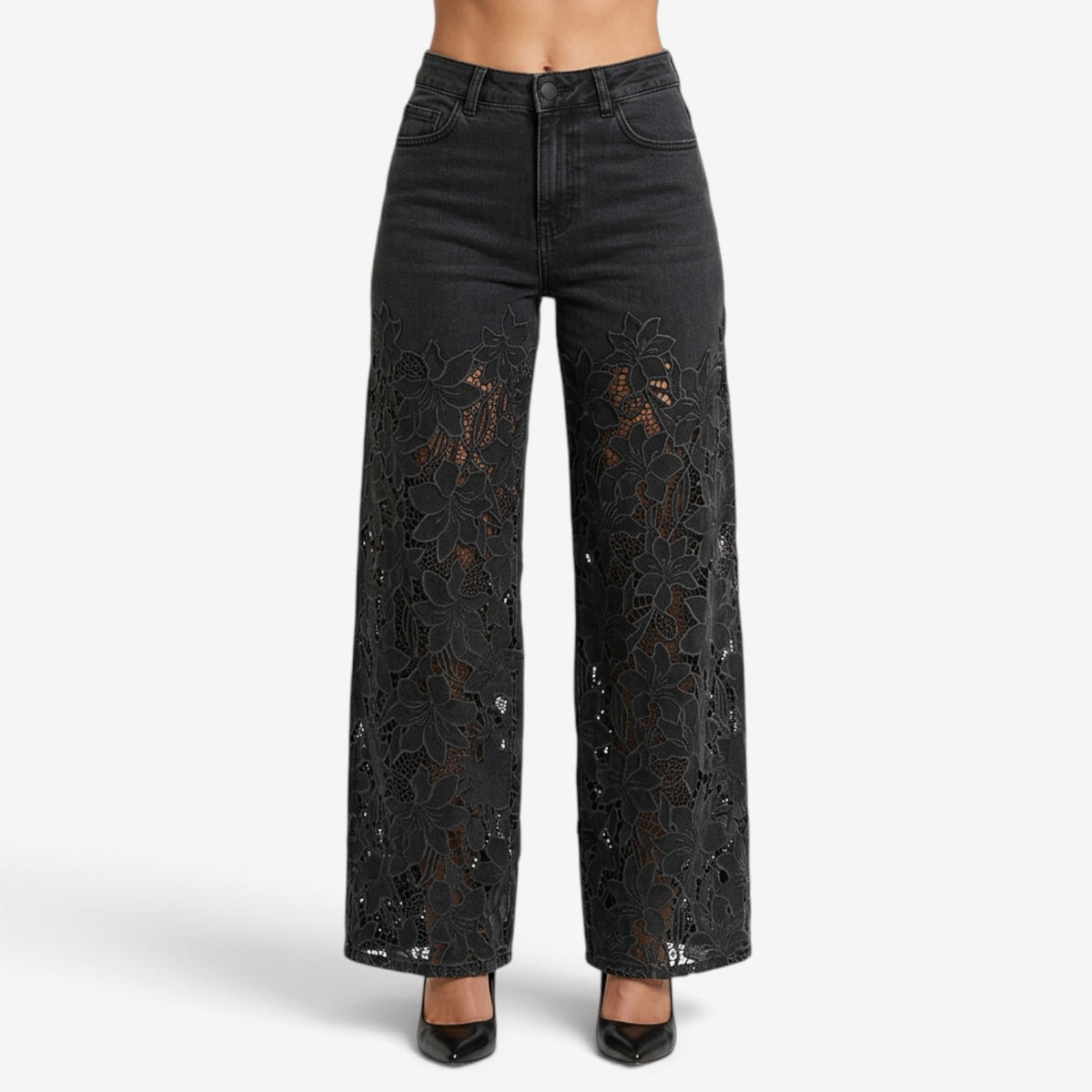 Vaqueros de Pierna Ancha con Encaje Floral para Mujer