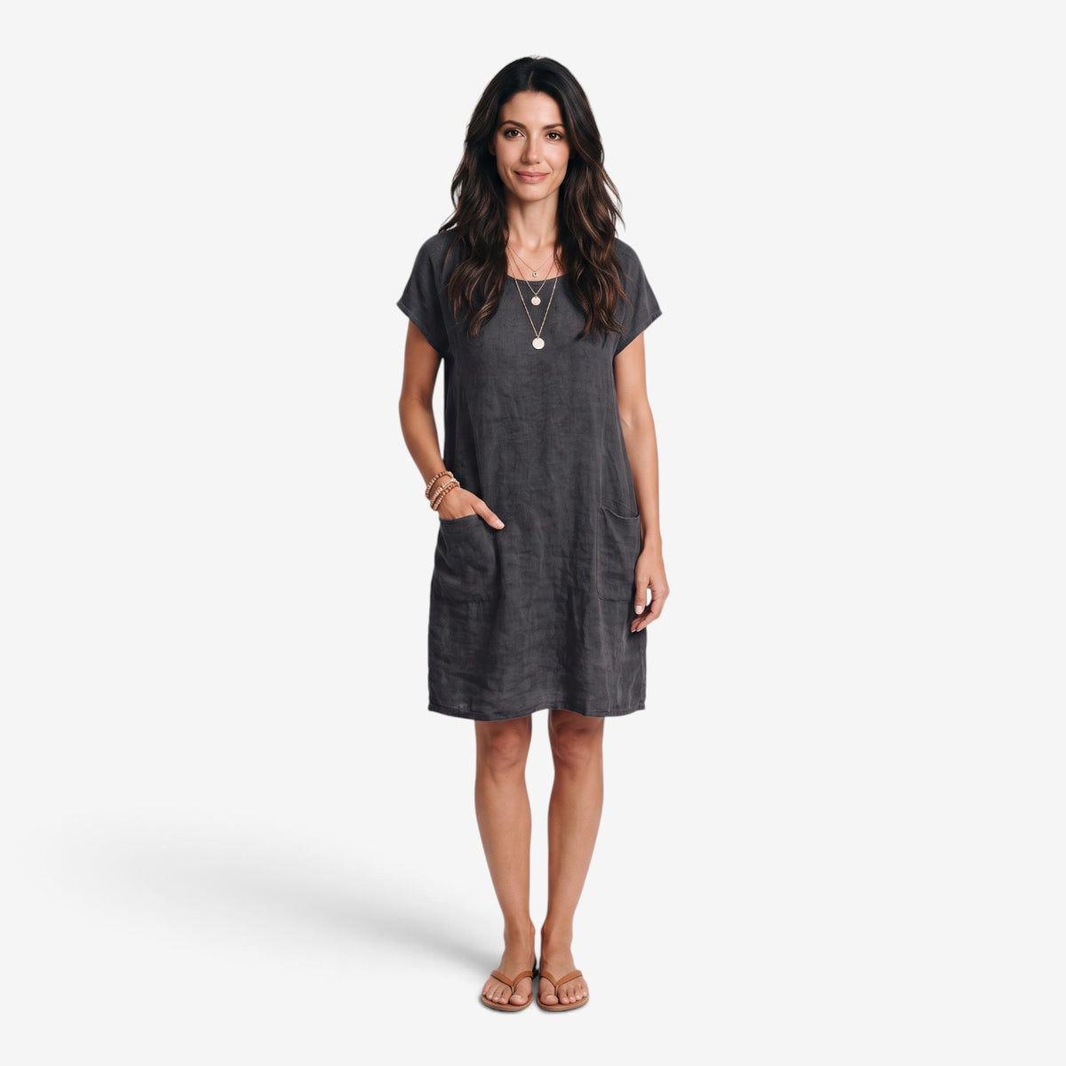 Vestido de Lino Holgado con Bolsillos para Mujer