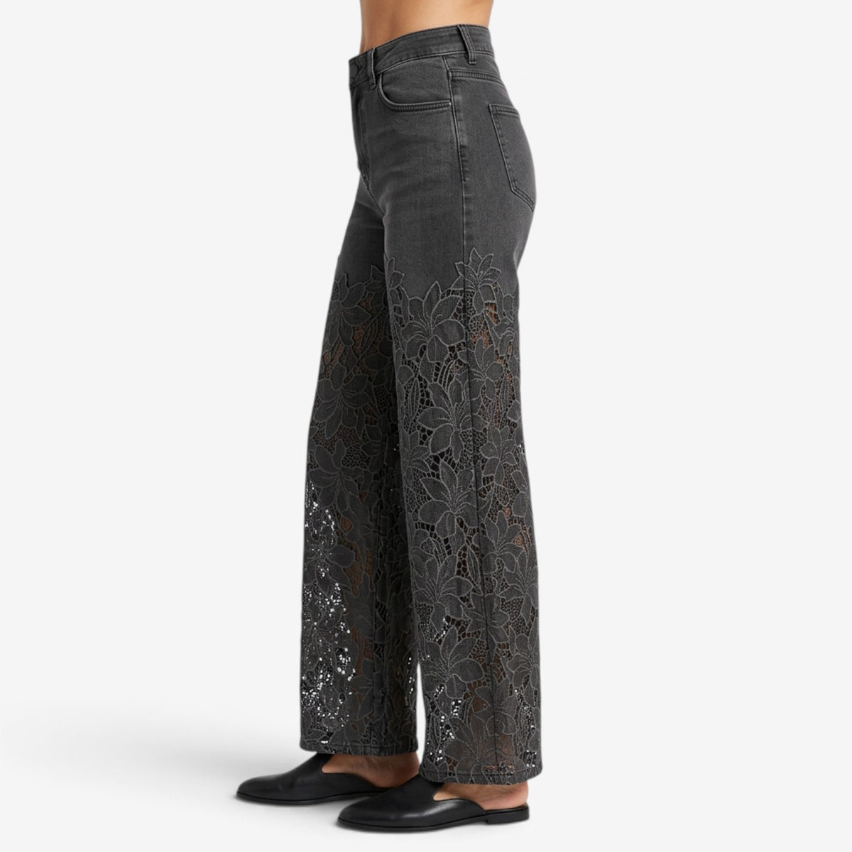 Vaqueros de Pierna Ancha con Encaje Floral para Mujer