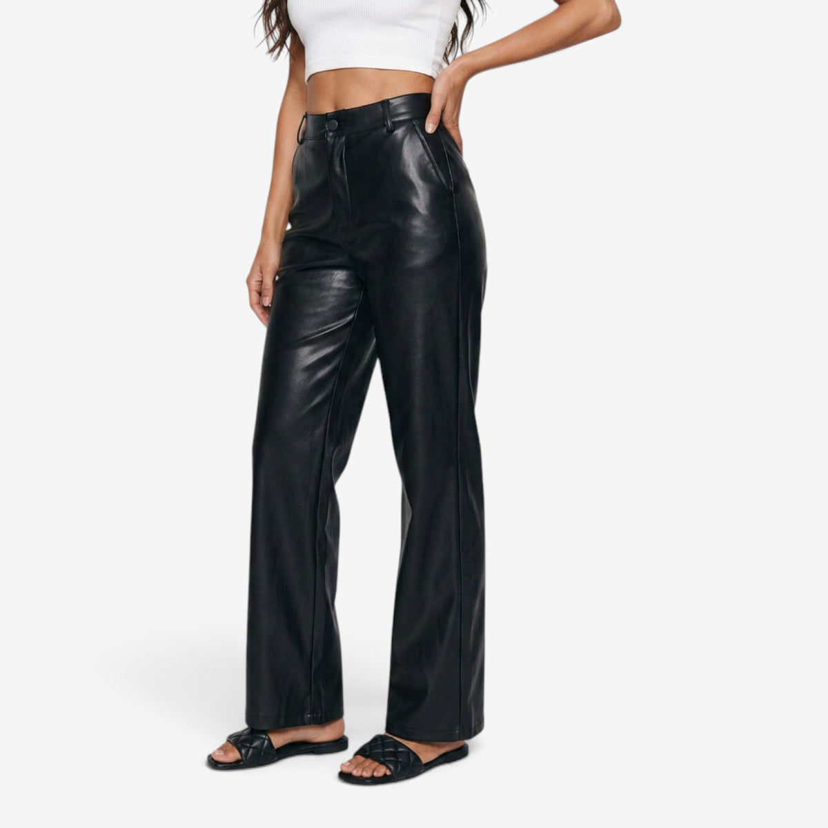 Pantalón de Cuero de Pierna Ancha para Mujer