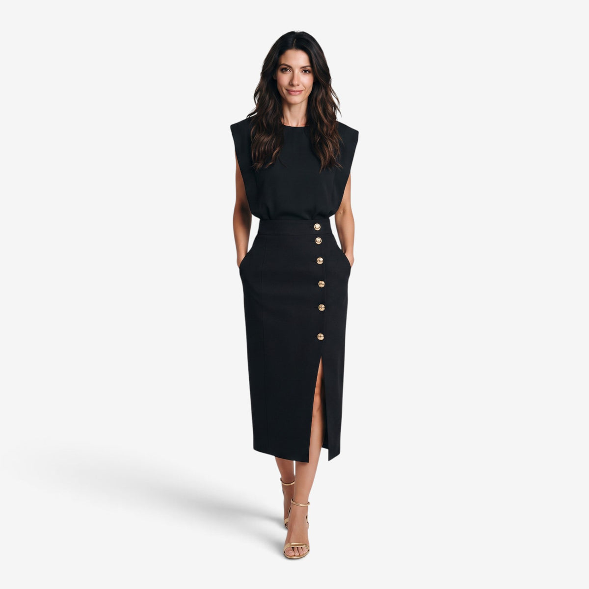 Vestido Midi con Botones Dorados para Mujer