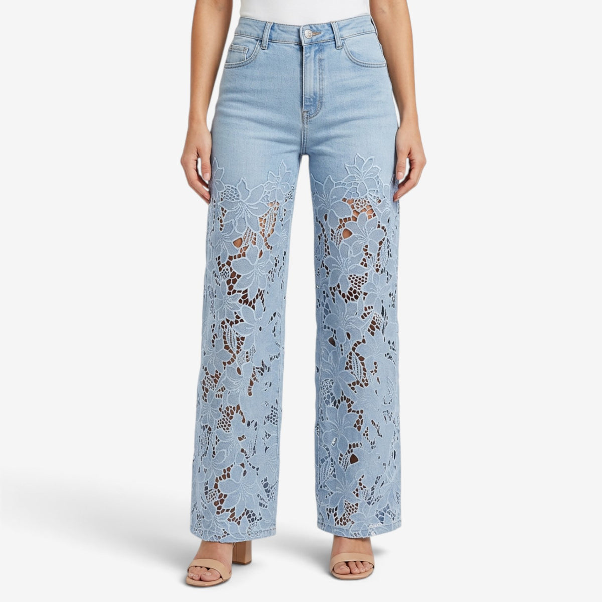 Vaqueros de Pierna Ancha con Encaje Floral para Mujer