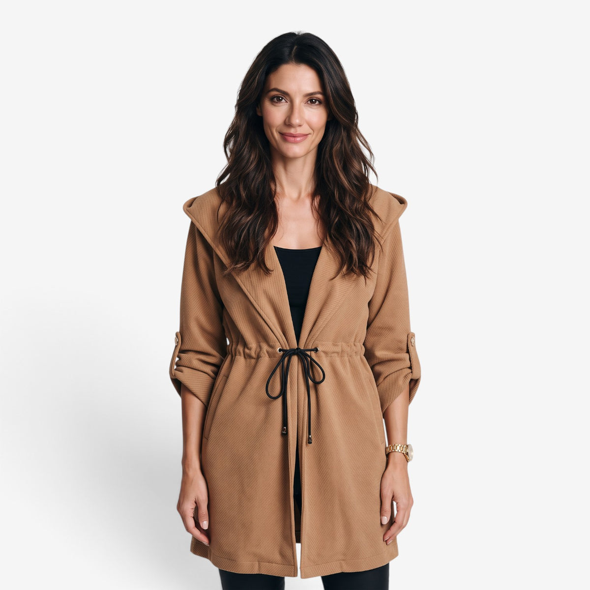 Abrigo Largo con Capucha y Cintura Ajustable para Mujer