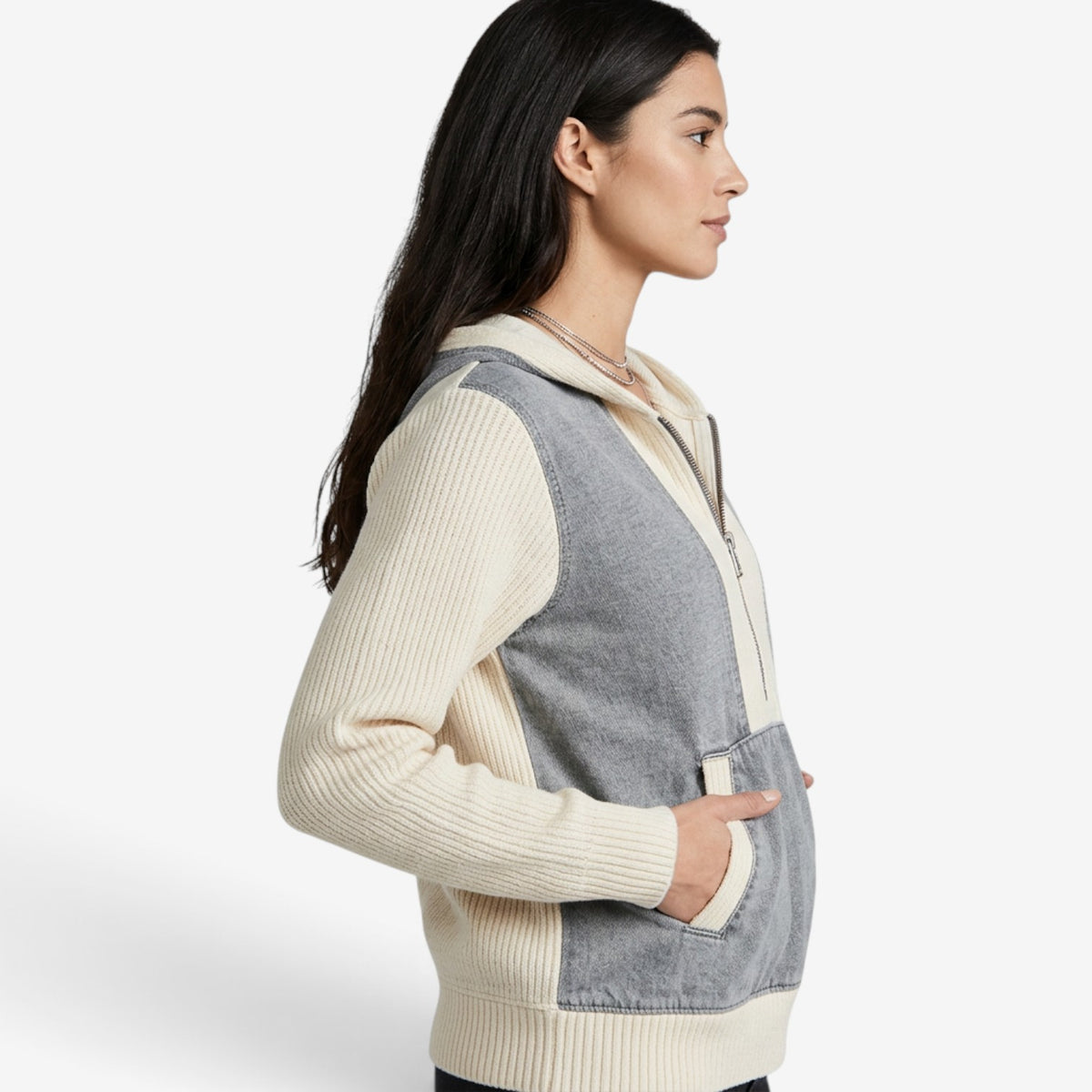 Sudadera Combinada con Capucha y Cremallera para Mujer