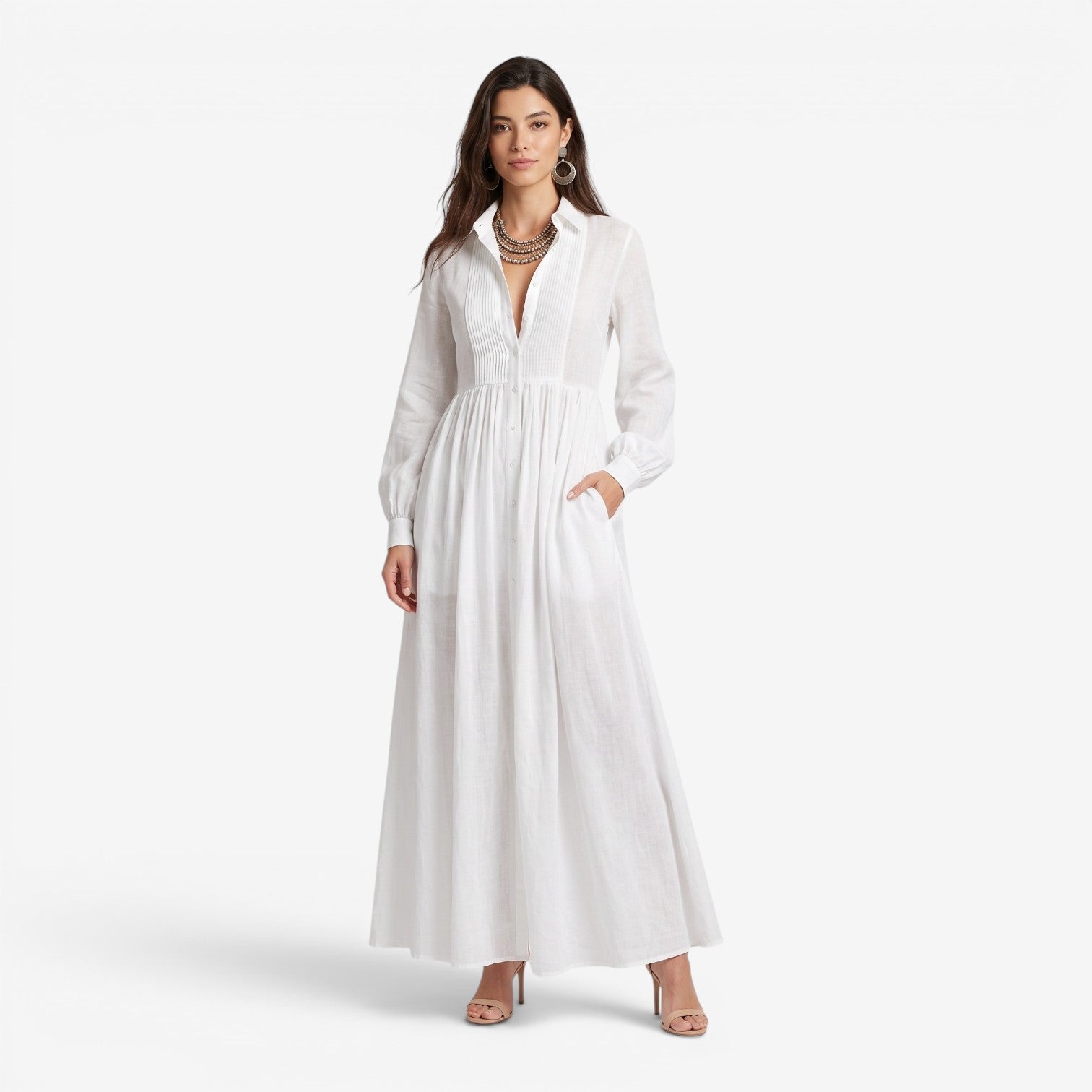 Vestido Plisado de Manga Larga Estilo Francés