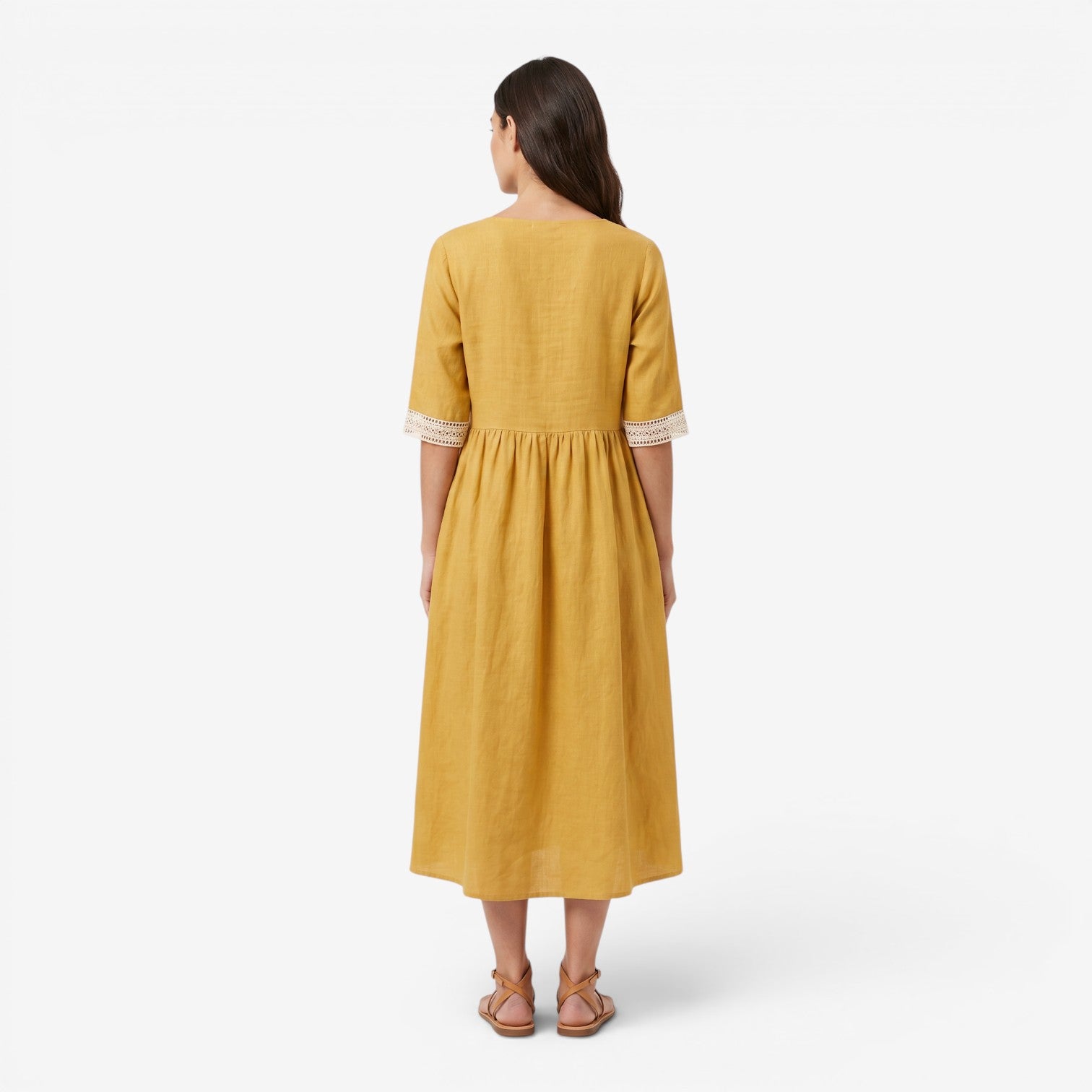 Vestido Midi de Algodón y Lino con Cuello de Encaje