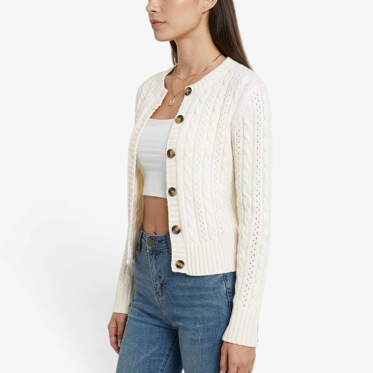 Cárdigan de Punto Trenzado con Botones para Mujer
