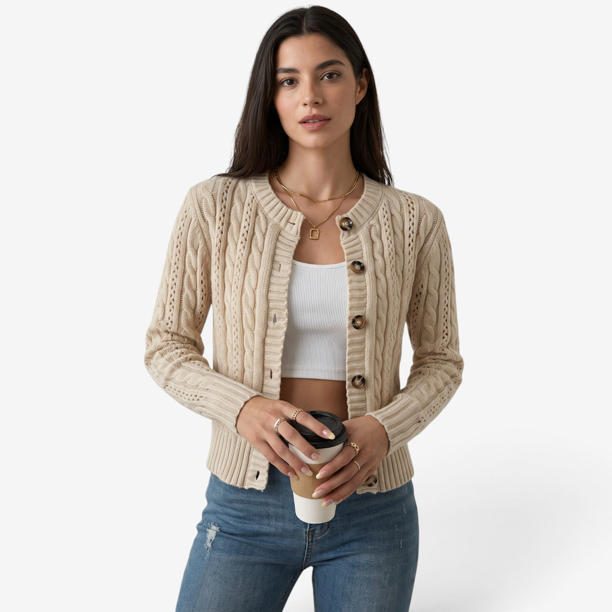 Cárdigan de Punto Trenzado con Botones para Mujer