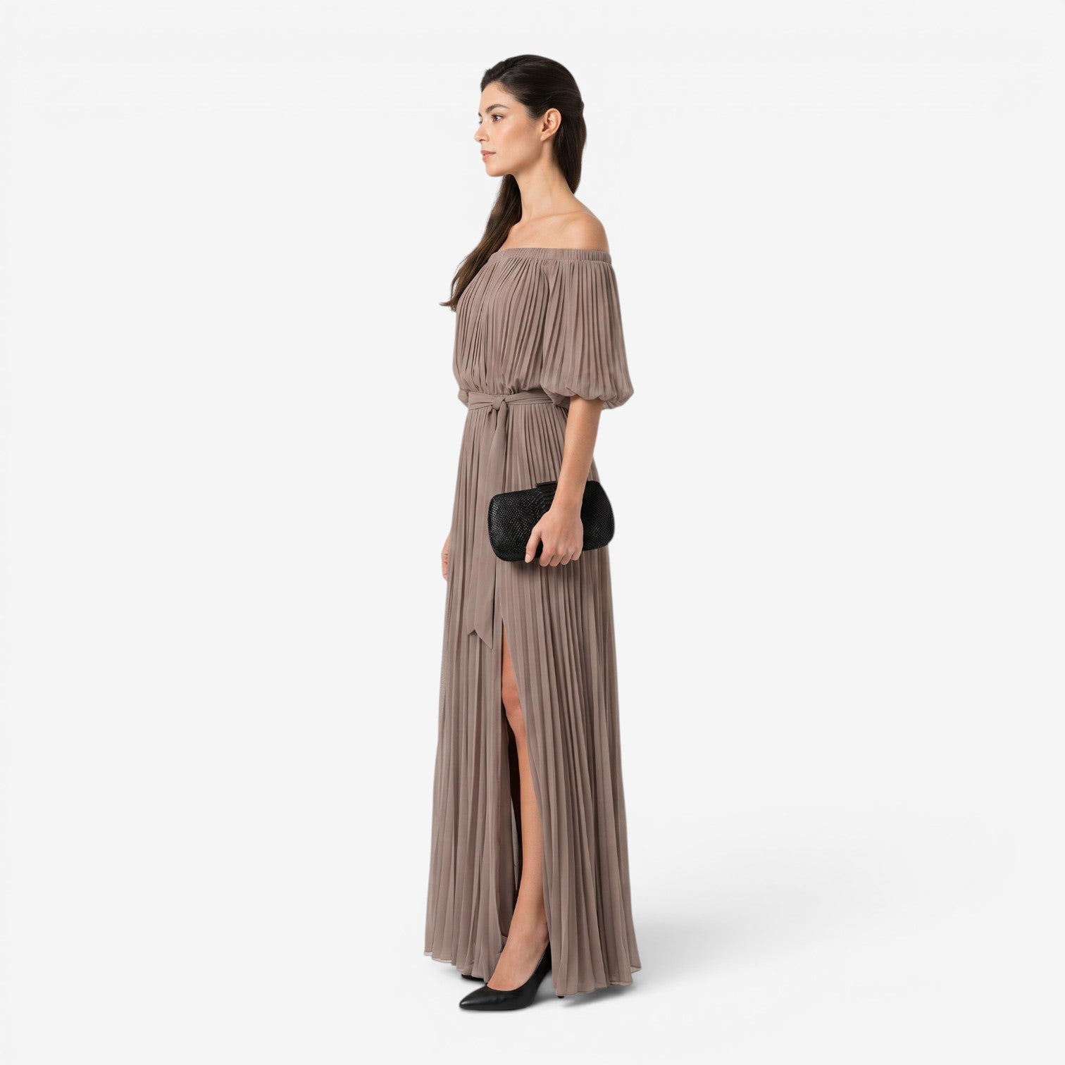 Vestido Maxi de Gasa con Hombros Descubiertos