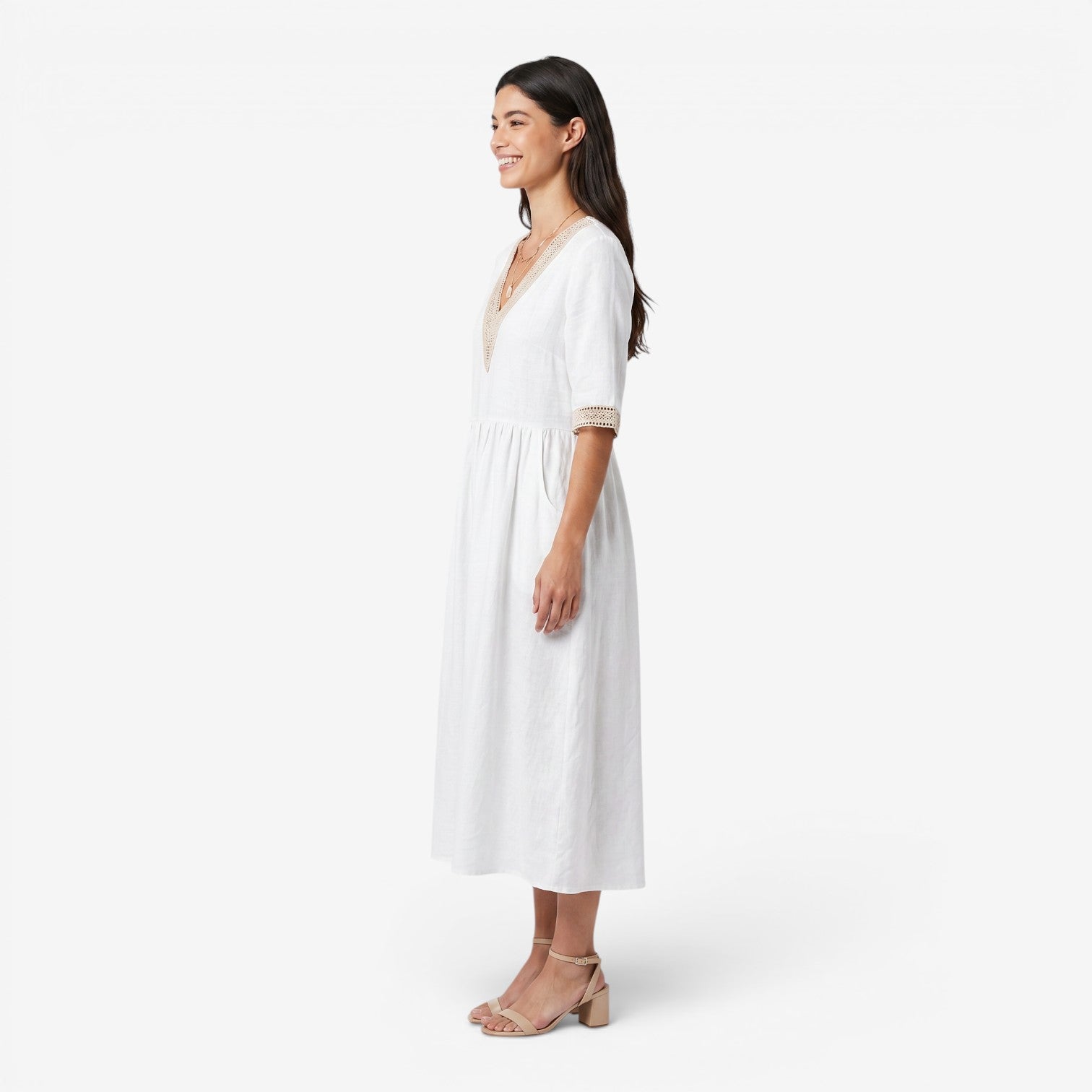 Vestido Midi de Algodón y Lino con Cuello de Encaje