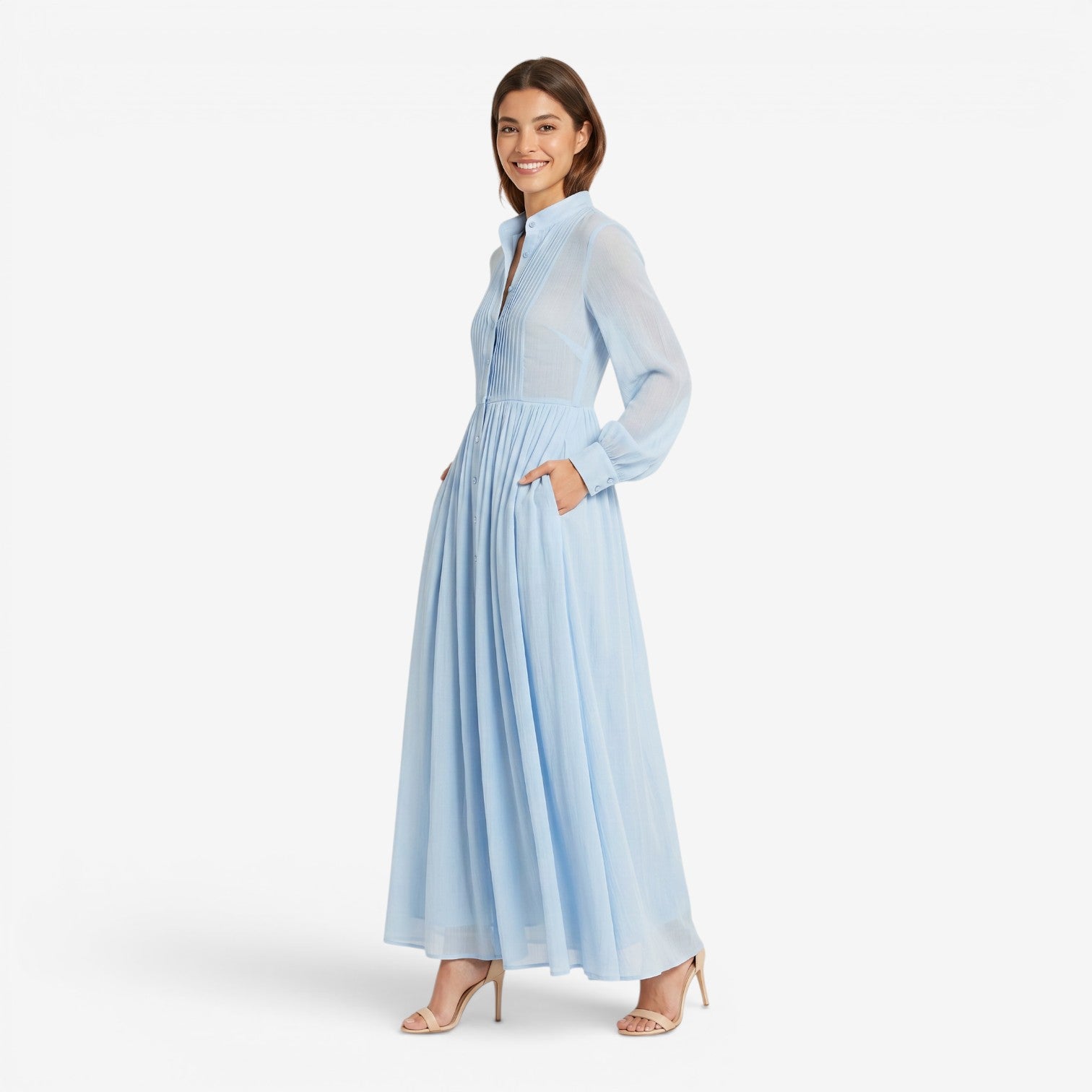 Vestido Plisado de Manga Larga Estilo Francés