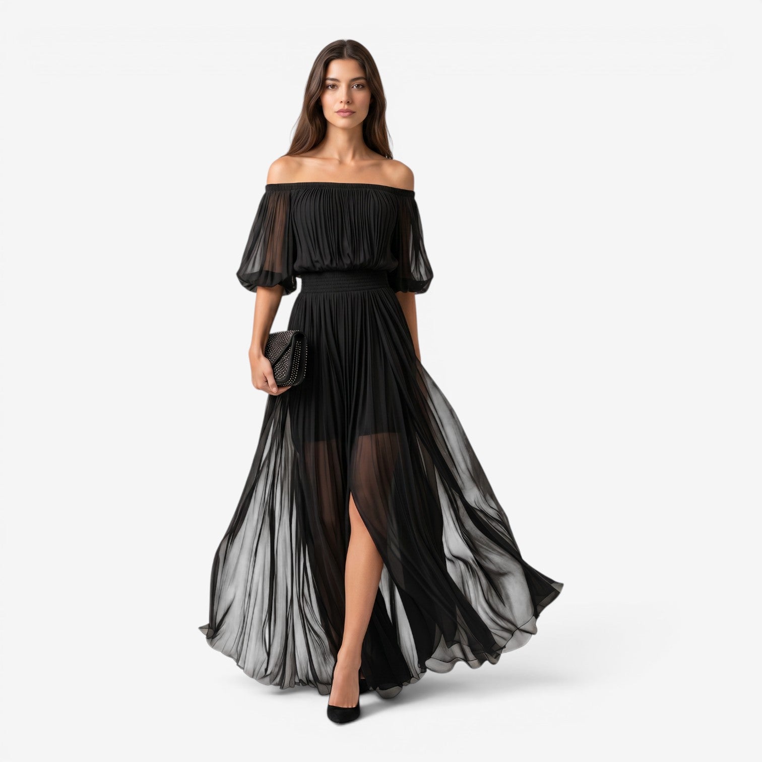 Vestido Maxi de Gasa con Hombros Descubiertos