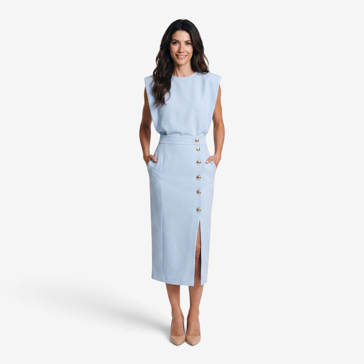 Vestido Midi con Botones Dorados para Mujer