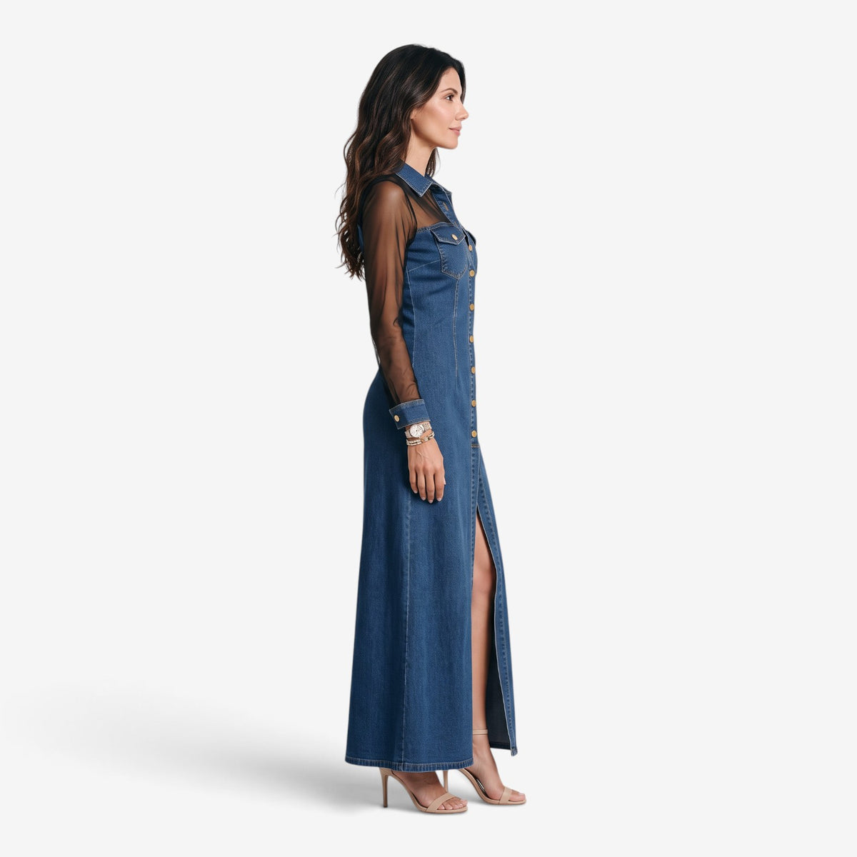 Vestido Vaquero Largo con Mangas Transparentes para Mujer