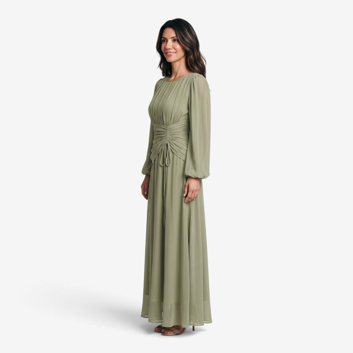 Vestido Largo Drapeado de Manga Larga para Mujer