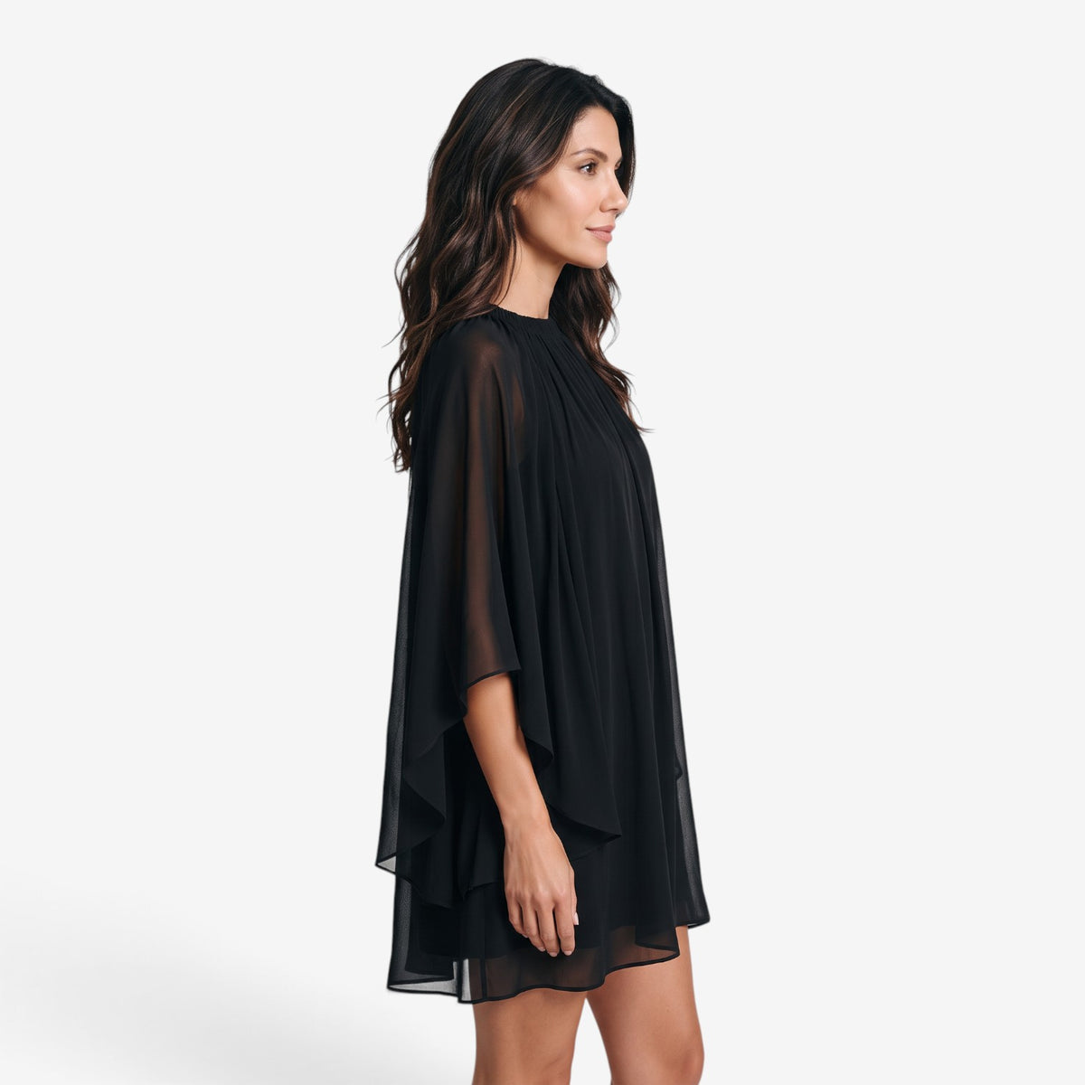 Vestido Corto Fluido con Mangas Murciélago para Mujer