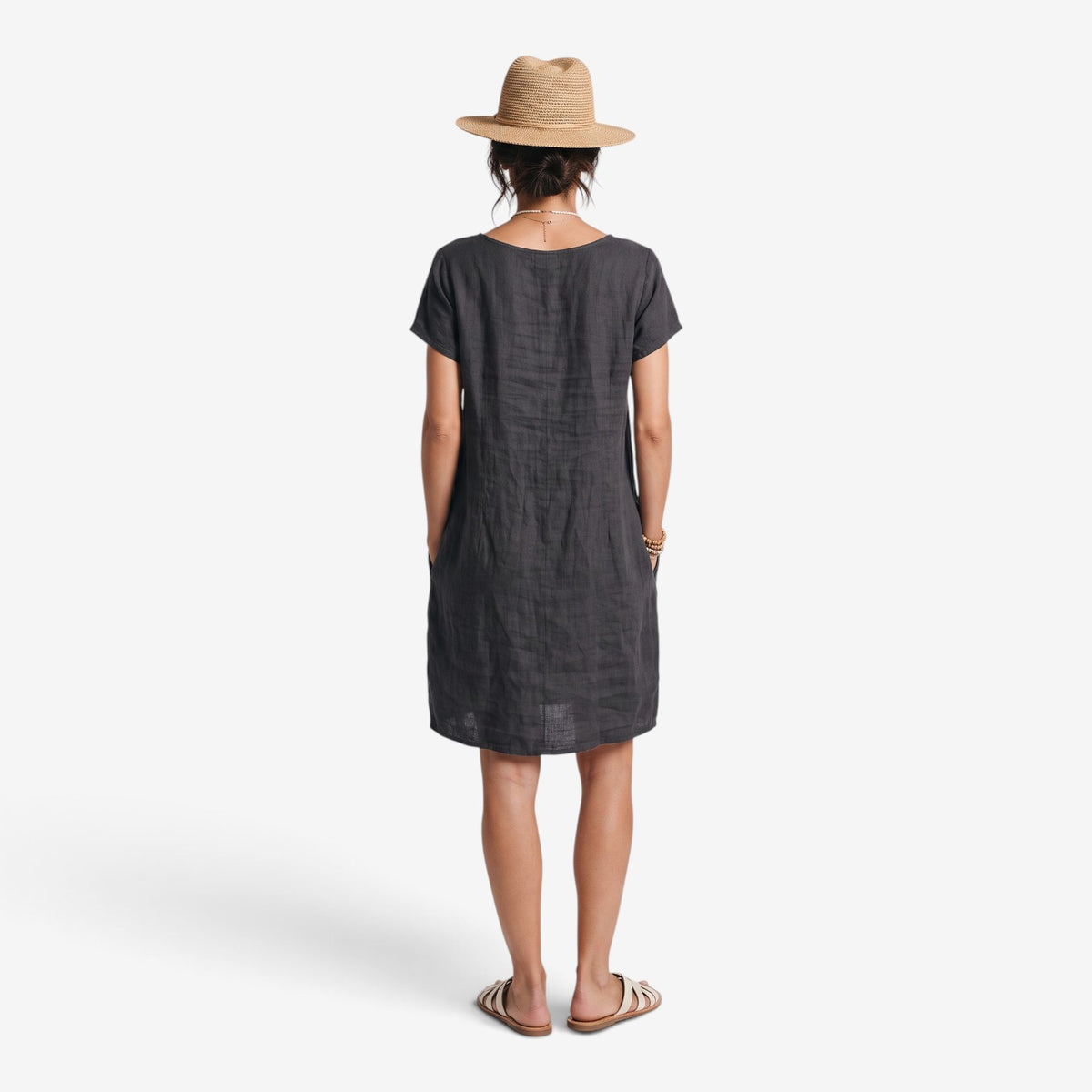Vestido de Lino Holgado con Bolsillos para Mujer