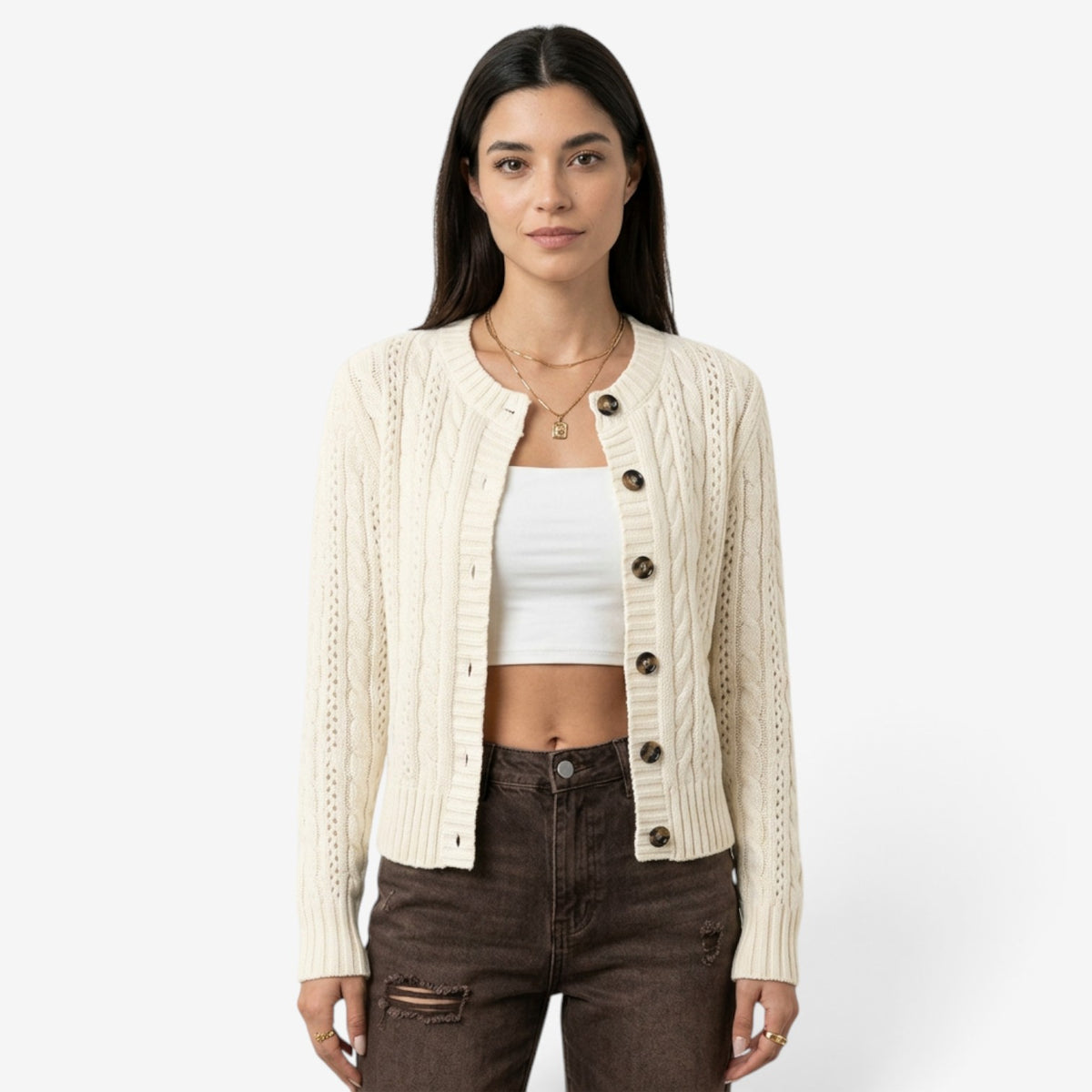Cárdigan de Punto Trenzado con Botones para Mujer