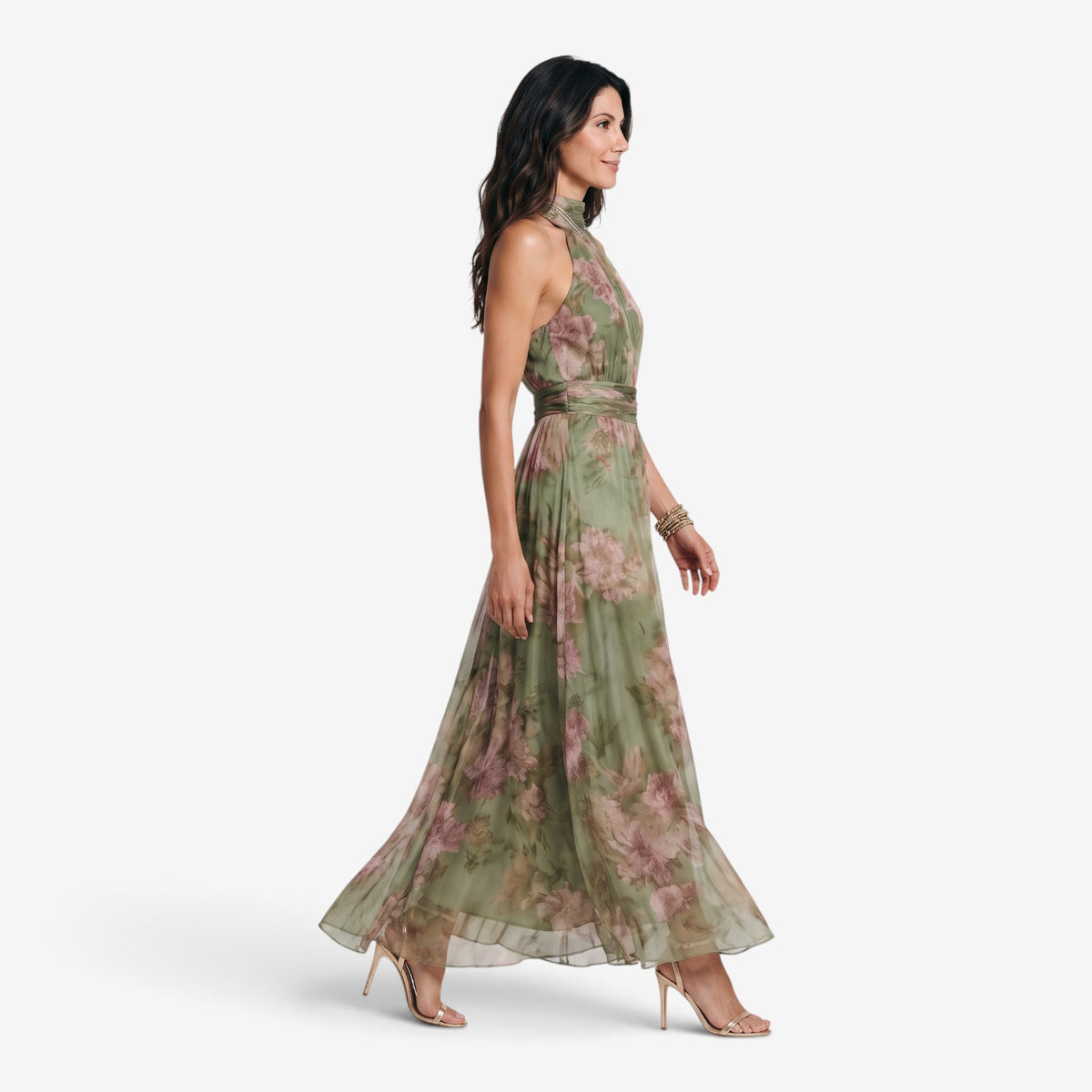 Vestido Halter Largo con Estampado Floral para Mujer