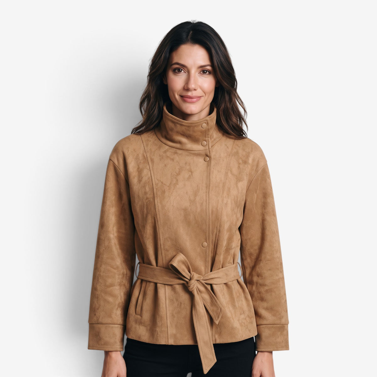 Chaqueta Corta con Cinturón y Cuello Alto para Mujer