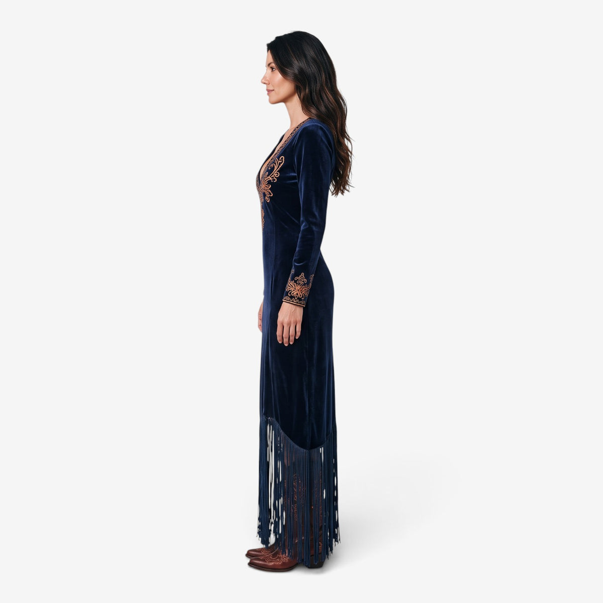 Vestido Largo de Terciopelo con Bordados para Mujer