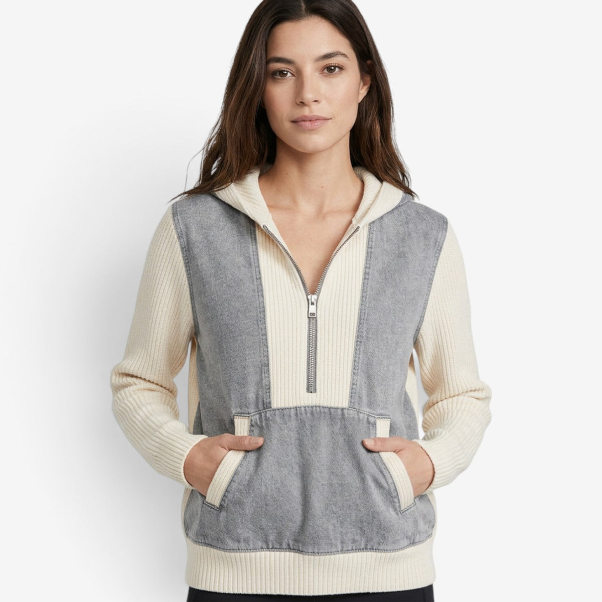 Sudadera Combinada con Capucha y Cremallera para Mujer
