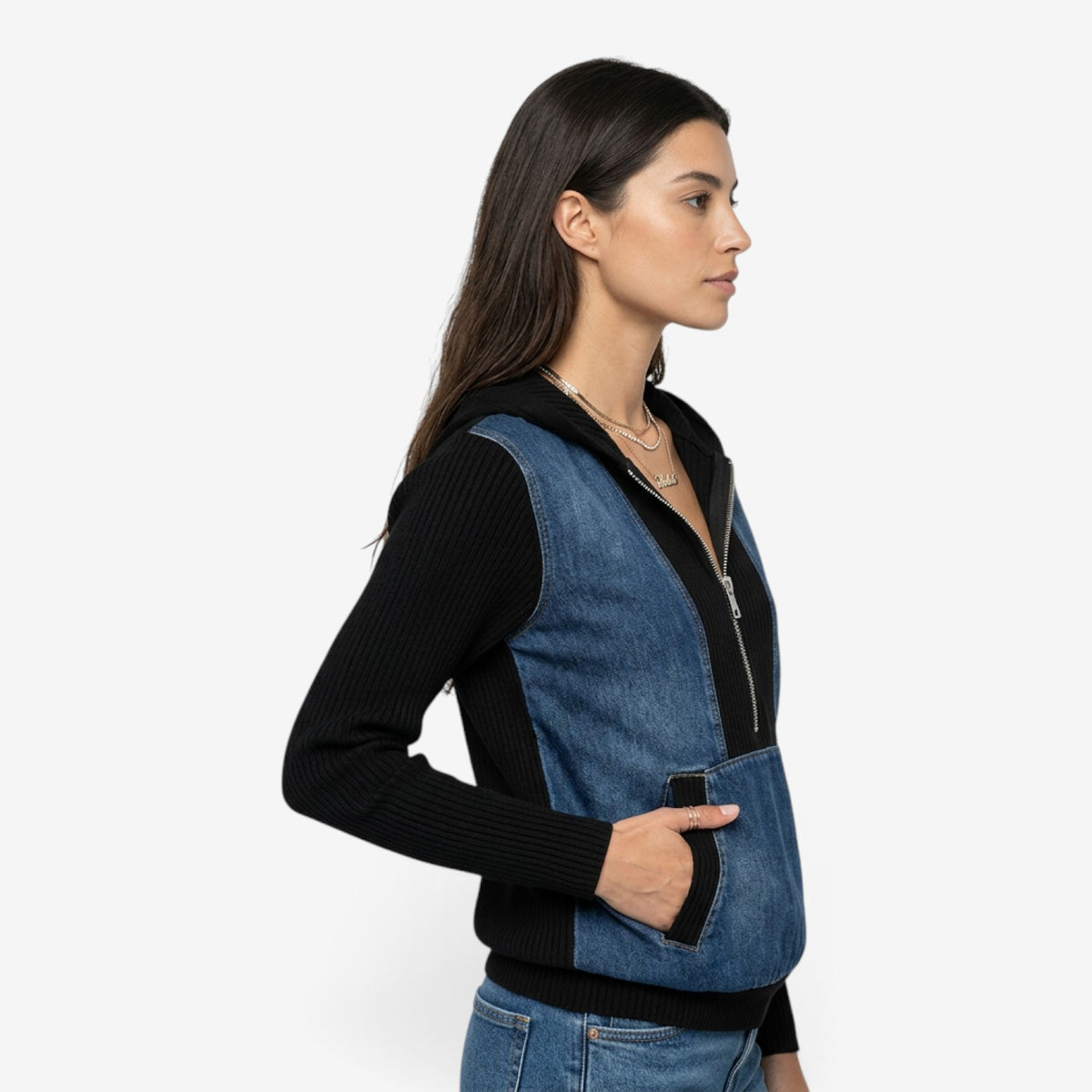 Sudadera Combinada con Capucha y Cremallera para Mujer