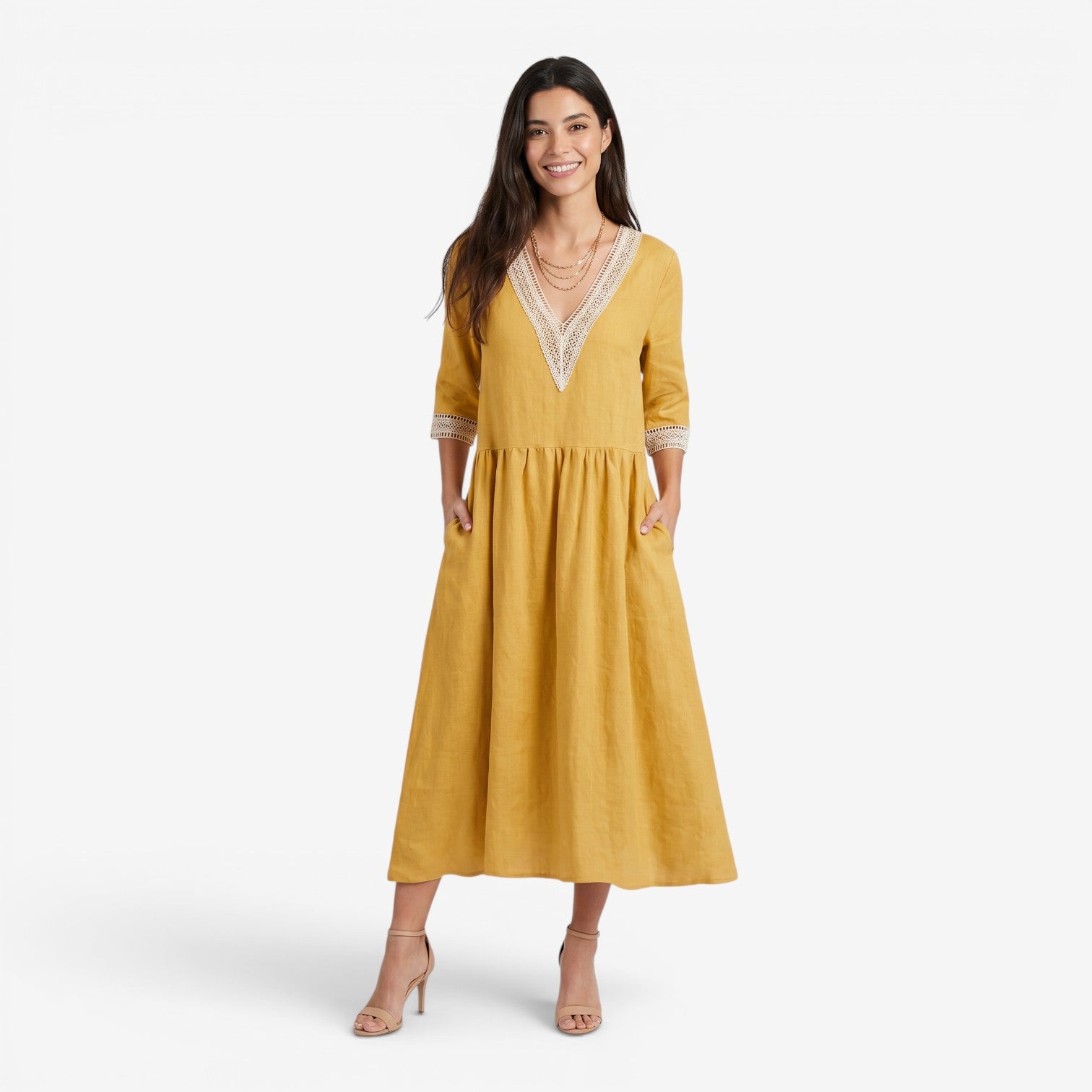 Vestido Midi de Algodón y Lino con Cuello de Encaje