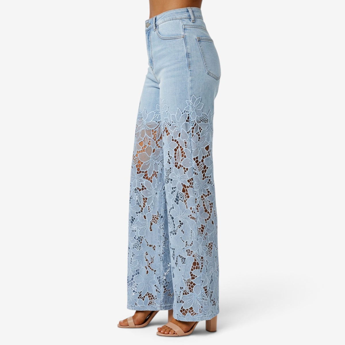 Vaqueros de Pierna Ancha con Encaje Floral para Mujer