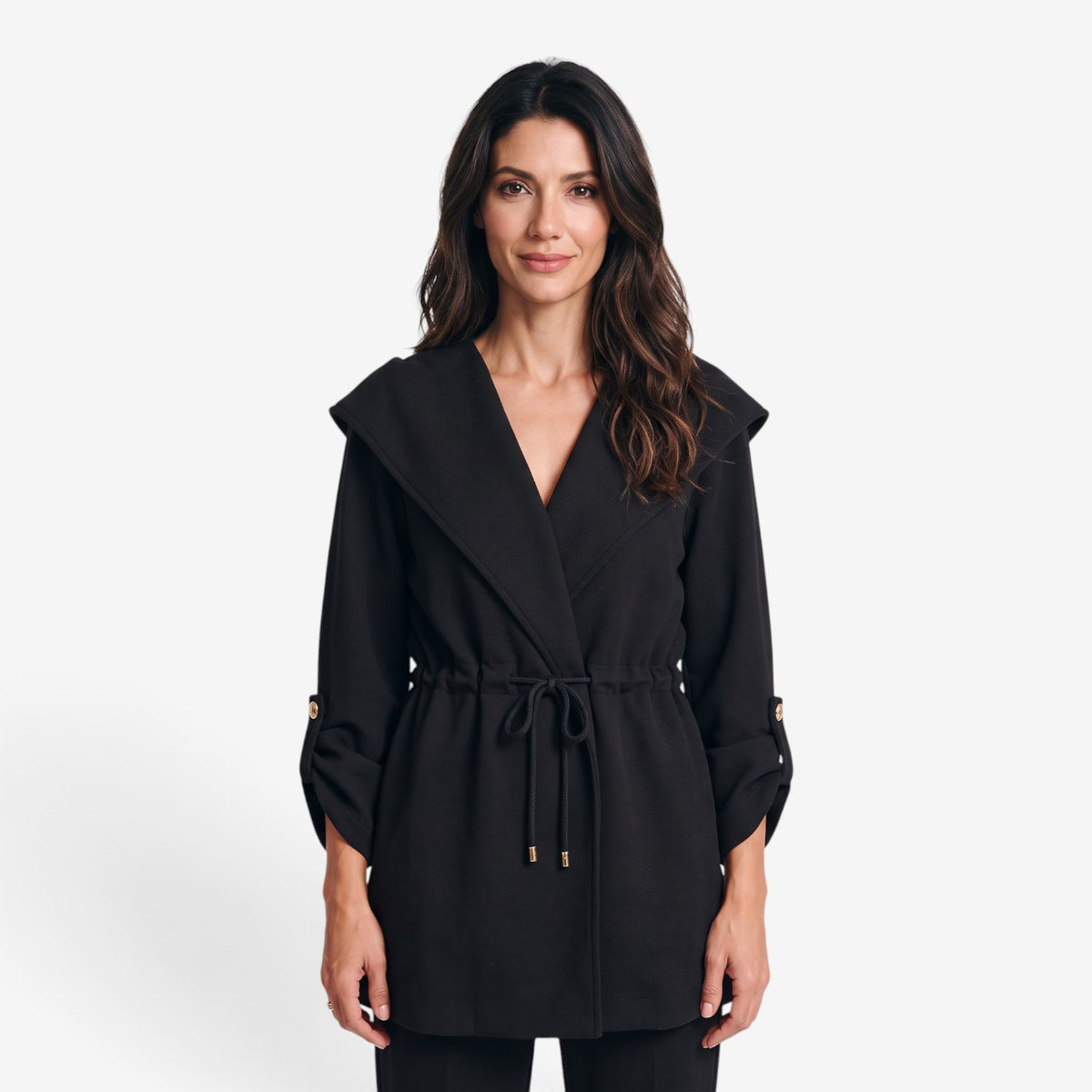 Abrigo Largo con Capucha y Cintura Ajustable para Mujer